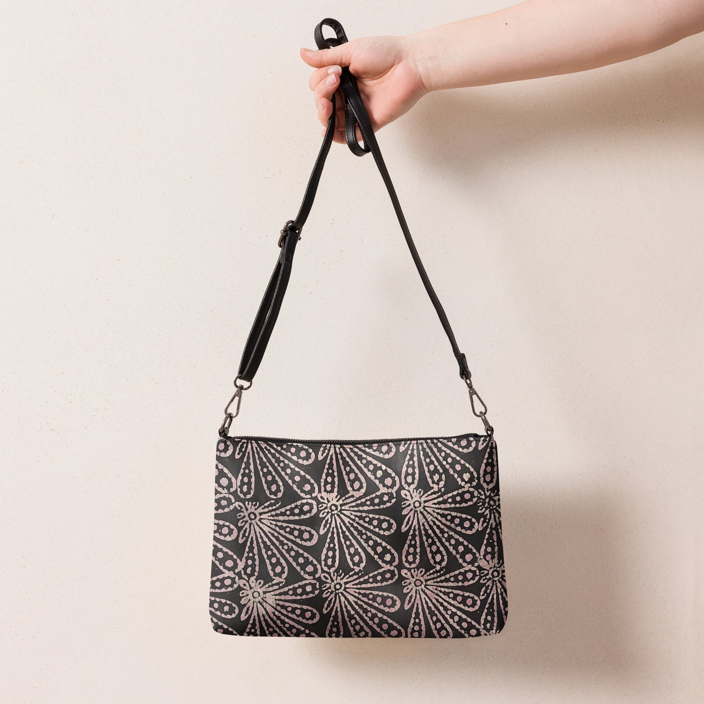 Brown Pale Pink Floral Pattern Adire Crossbody Bag