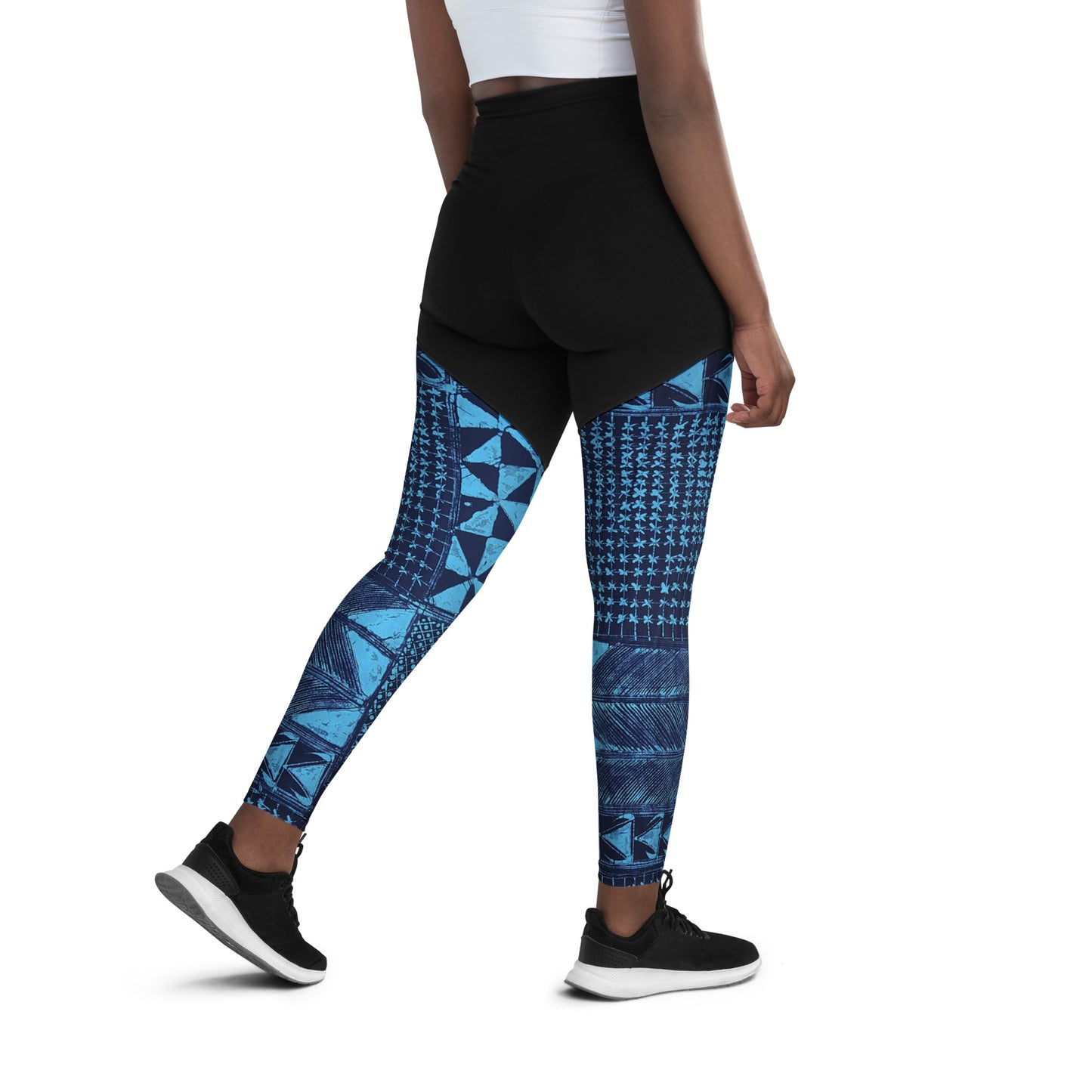 Black And Turquoise Shapes Adire Sports Leggings