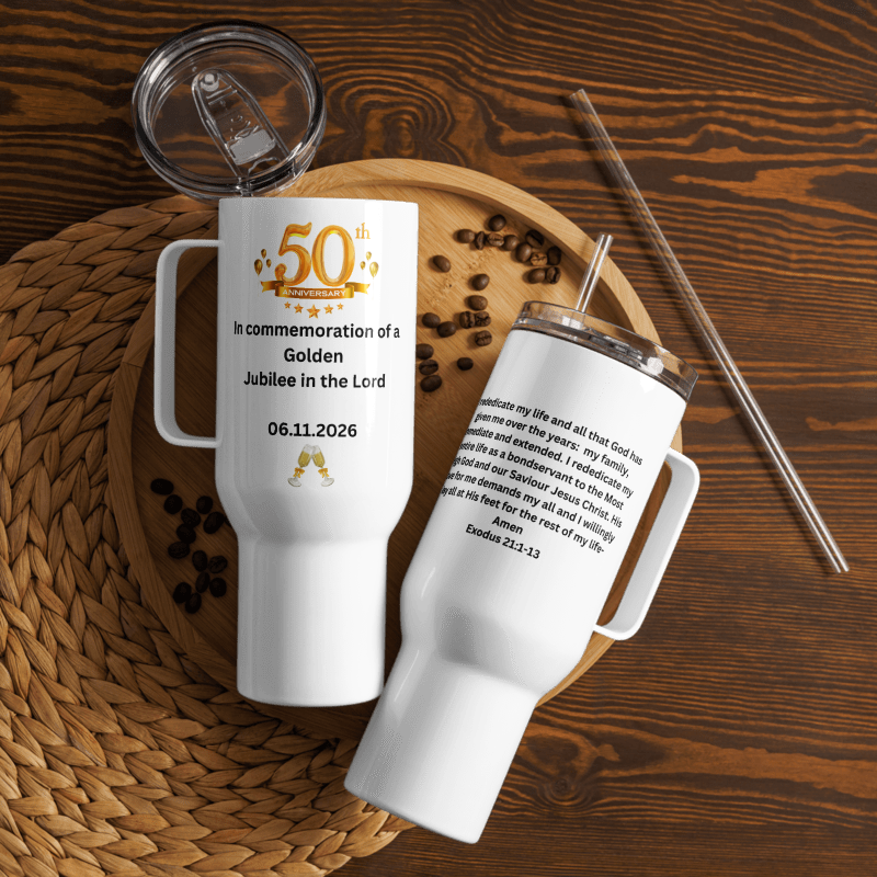 Personalised Golden Jubilee Travel mug with a handle
