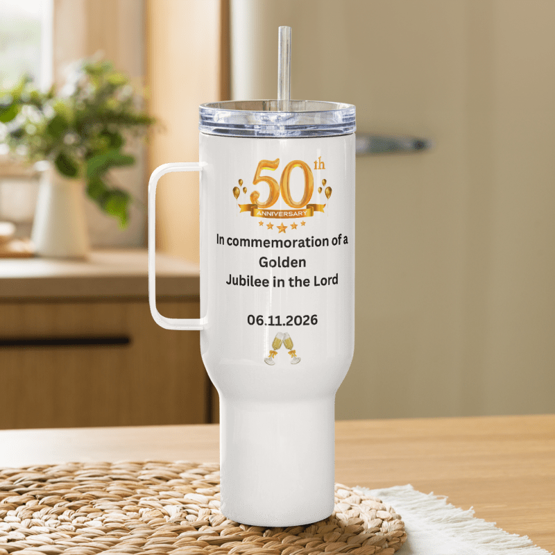 Personalised Golden Jubilee Travel mug with a handle