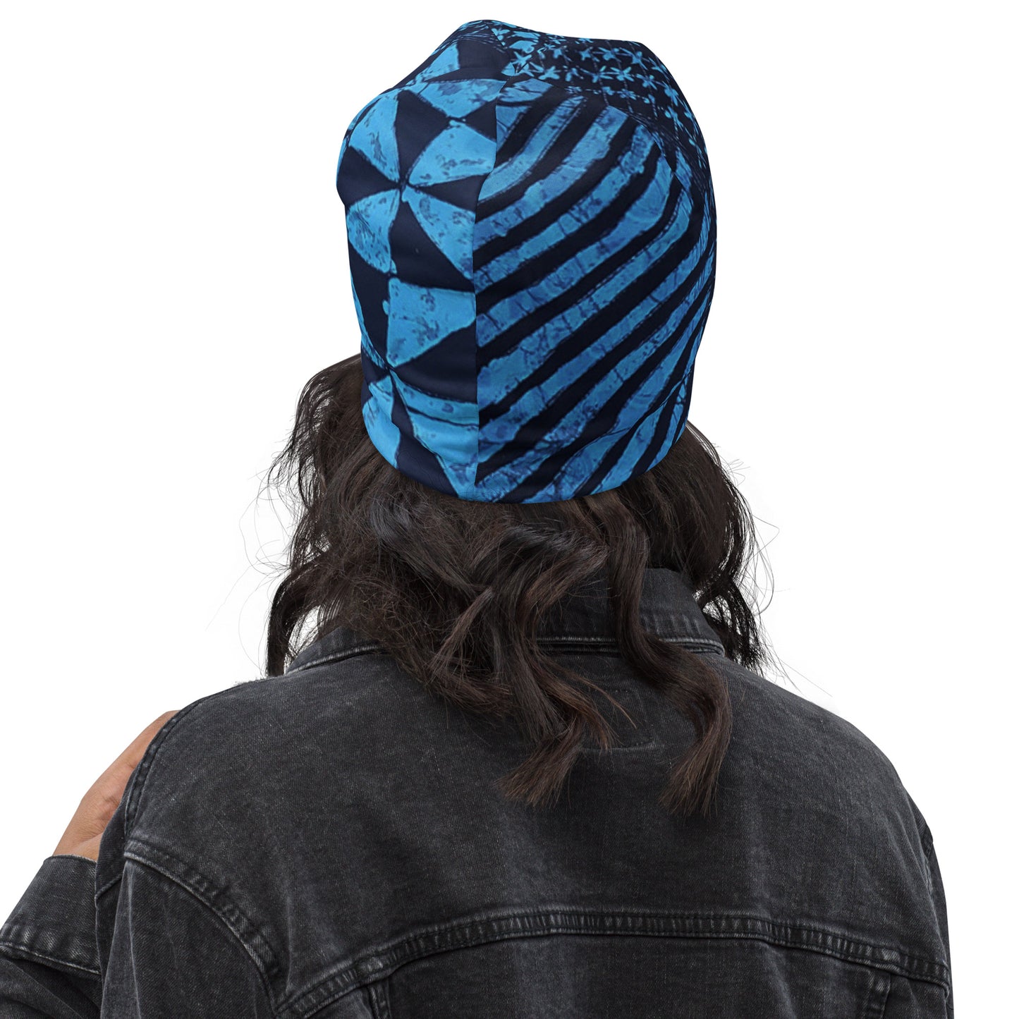 Black And Turquoise Shapes Adire Beanie