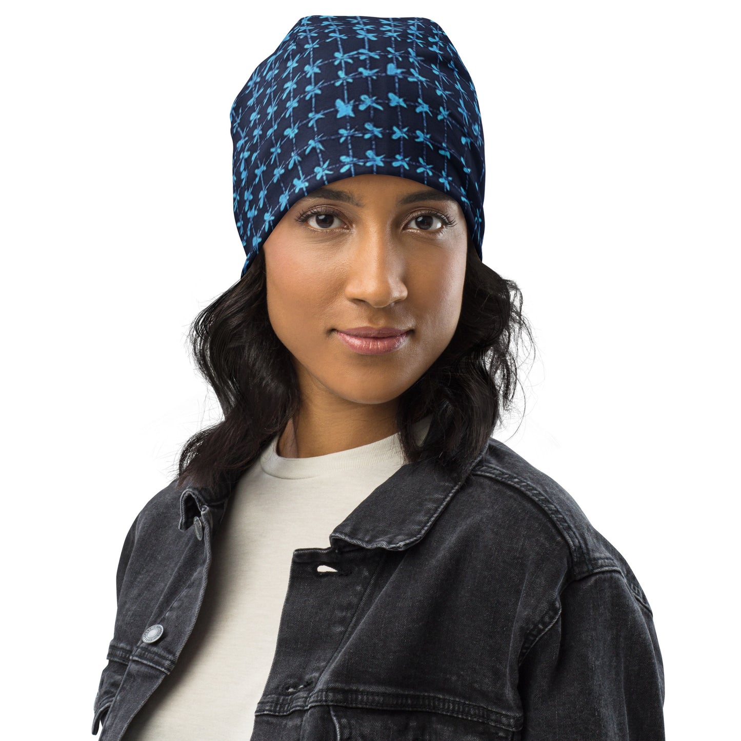 Black And Turquoise Shapes Adire Beanie