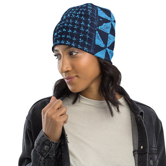 Black And Turquoise Shapes Adire Beanie