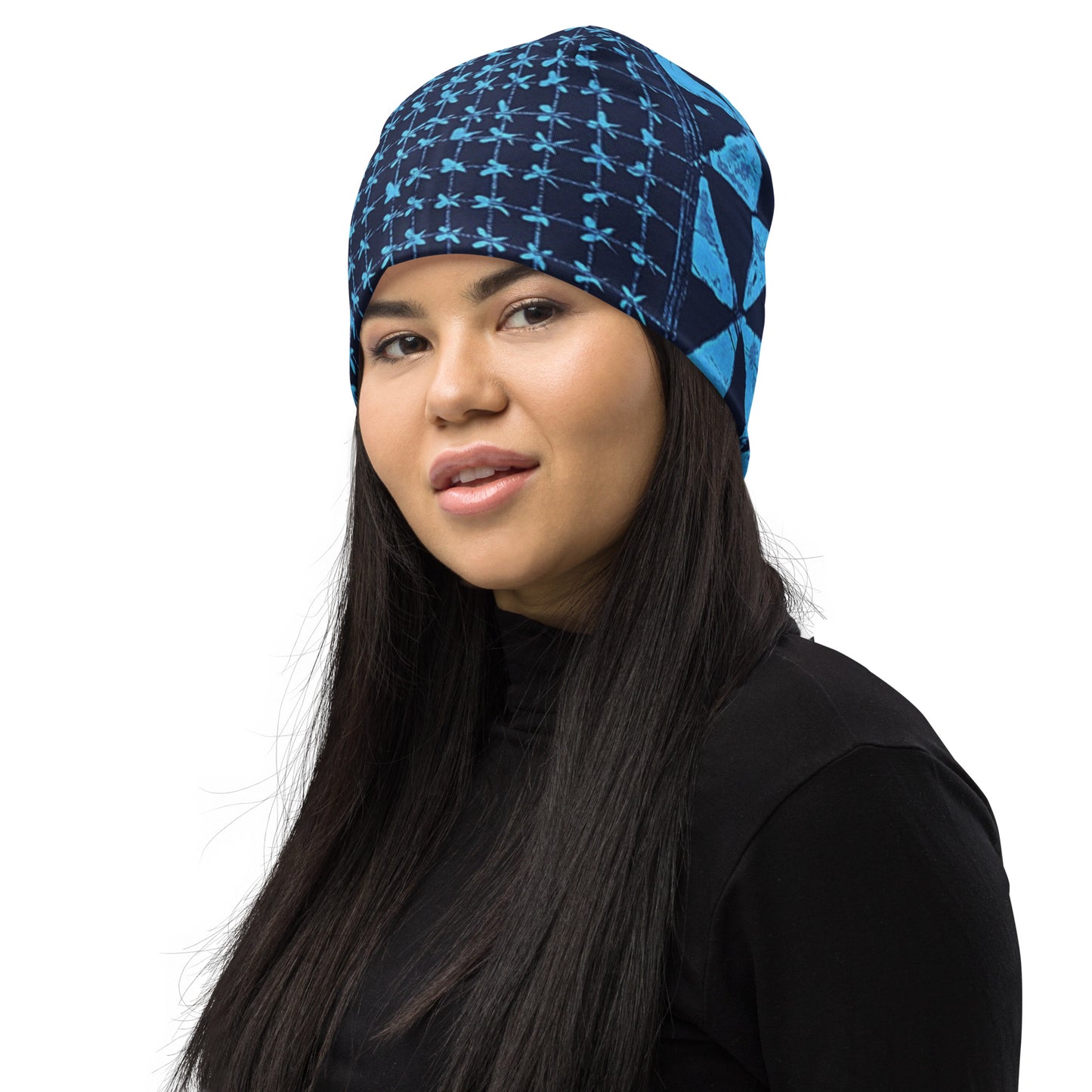 Black And Turquoise Shapes Adire Beanie