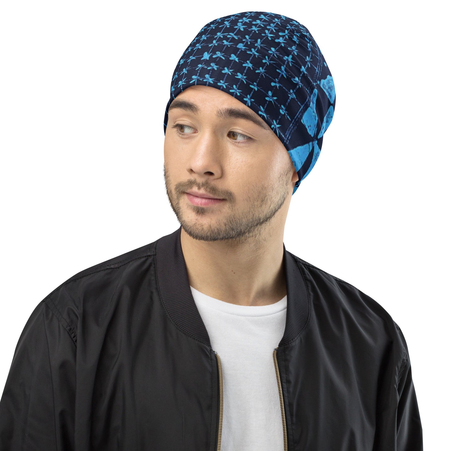 Black And Turquoise Shapes Adire Beanie