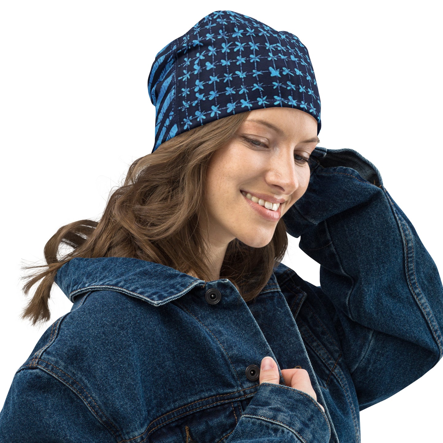 Black And Turquoise Shapes Adire Beanie