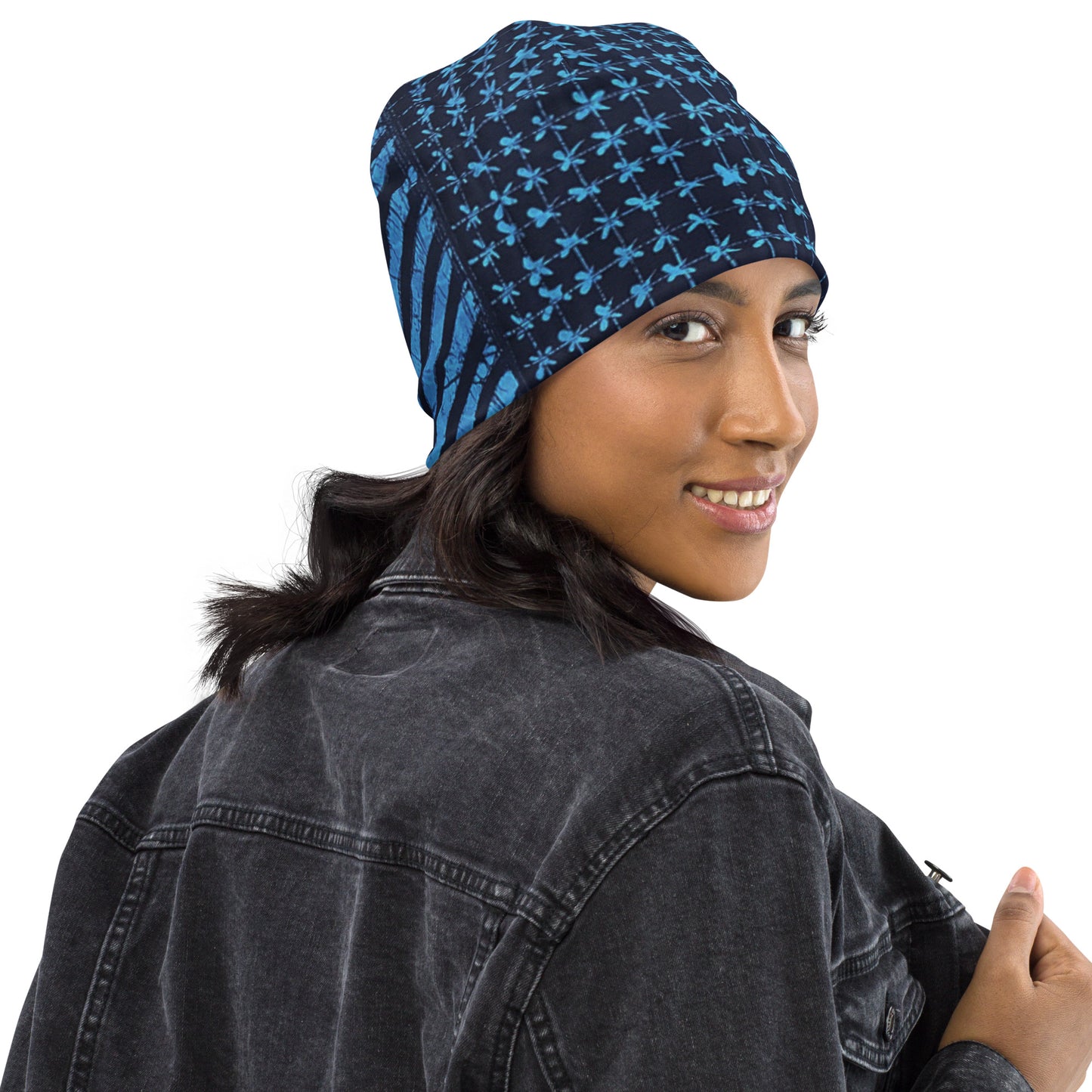 Black And Turquoise Shapes Adire Beanie