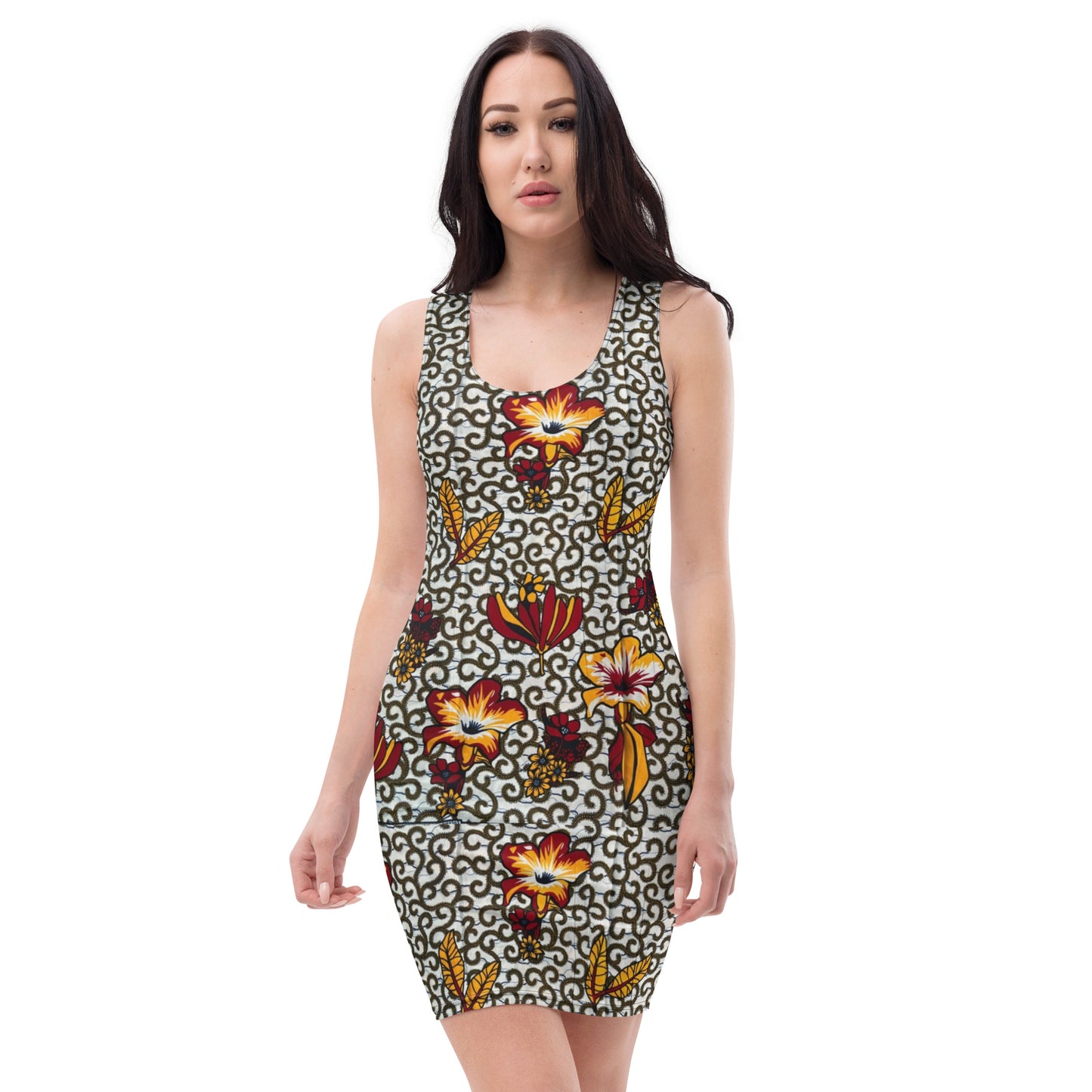 Red White Yellow Flower Ankara Bodycon Dress