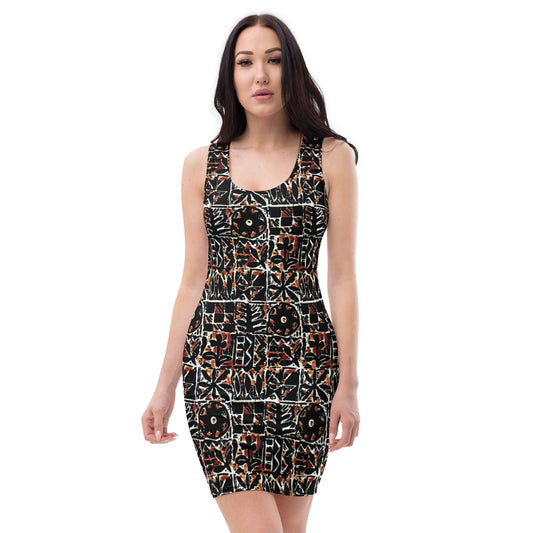 Red Black Abstract Adire Ankara Bodycon Dress