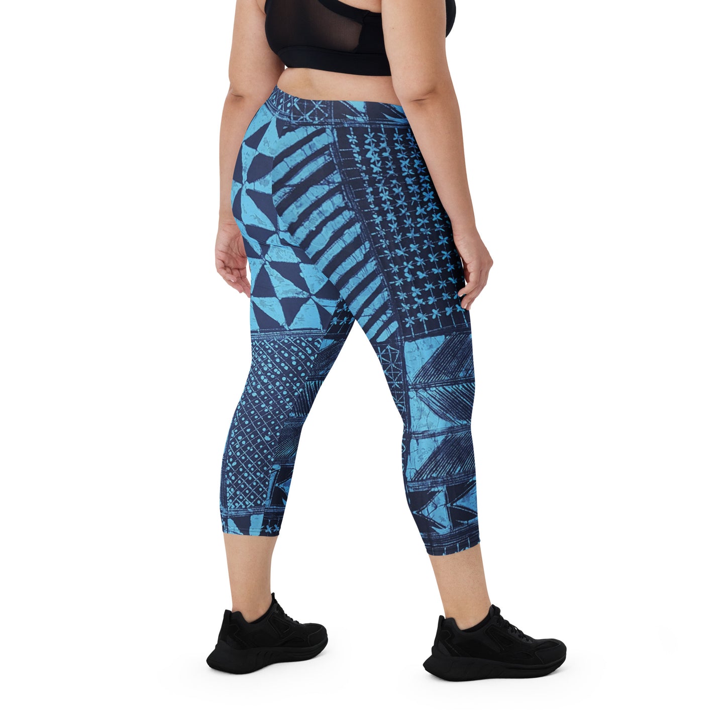 Black And Turquoise Shapes Adire Capri Leggings