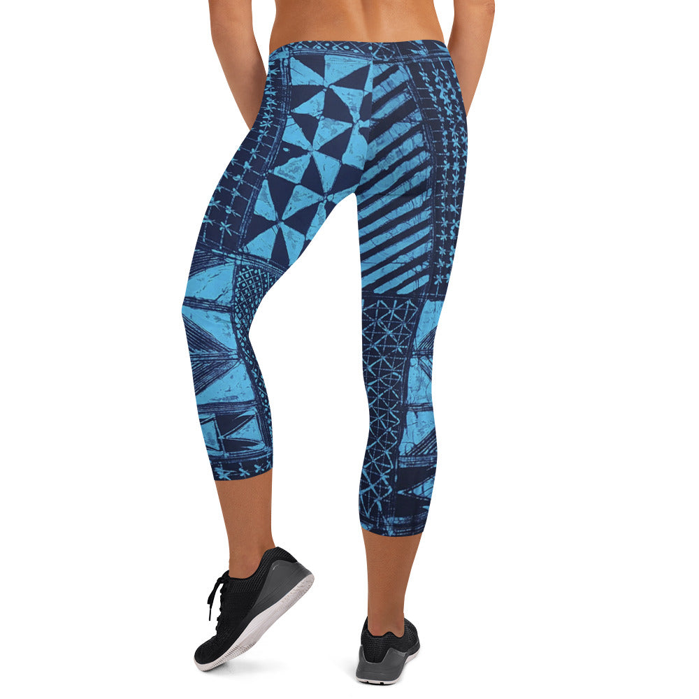 Black And Turquoise Shapes Adire Capri Leggings