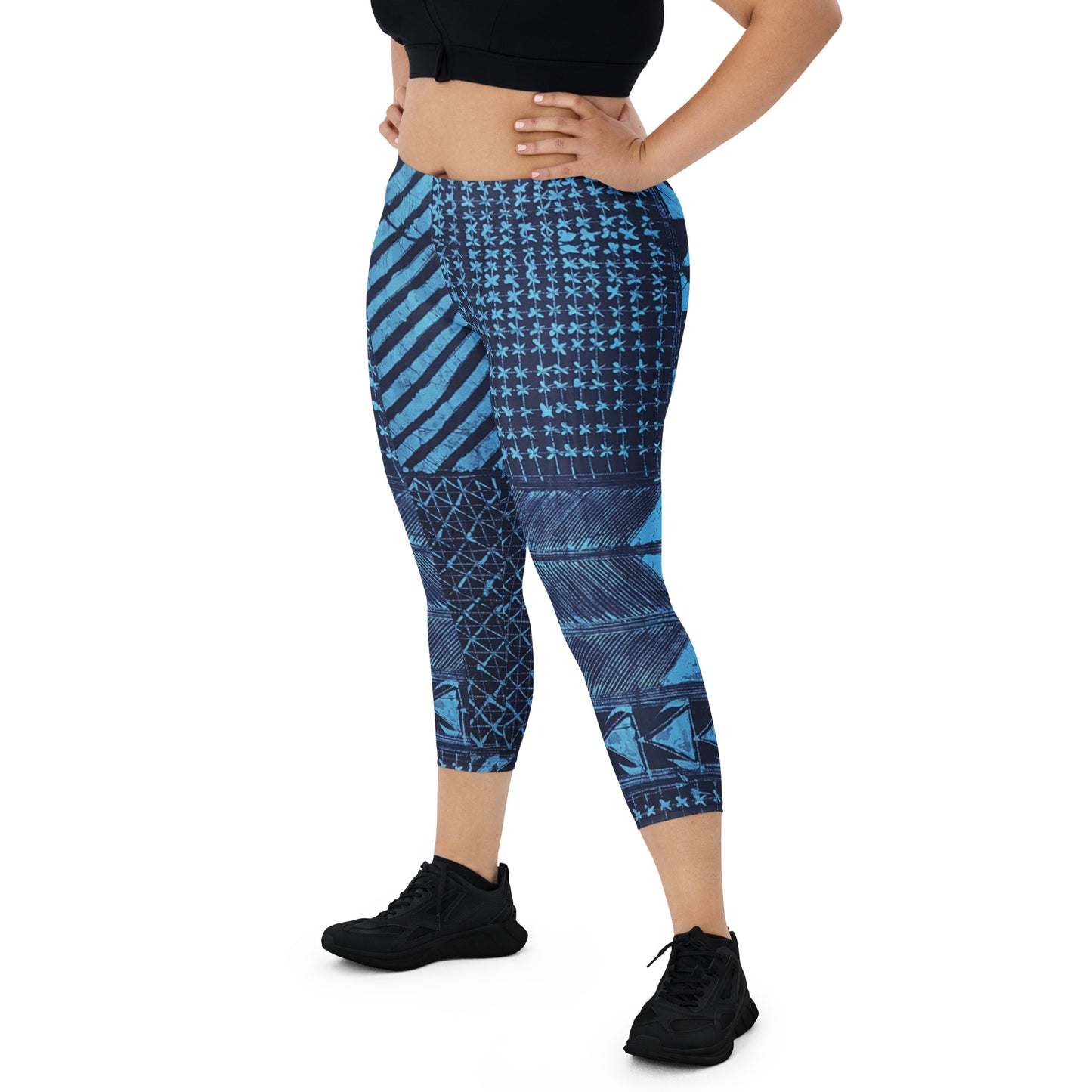 Black And Turquoise Shapes Adire Capri Leggings