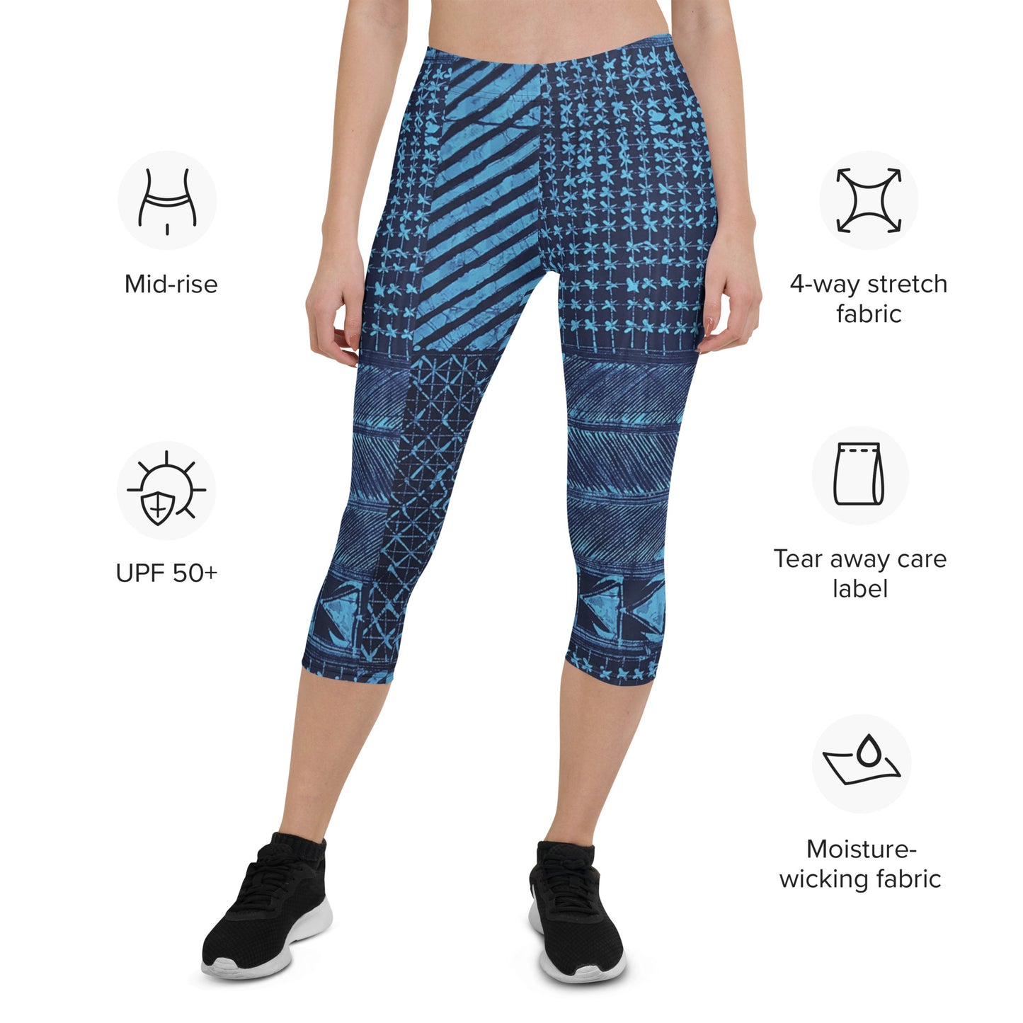 Black And Turquoise Shapes Adire Capri Leggings