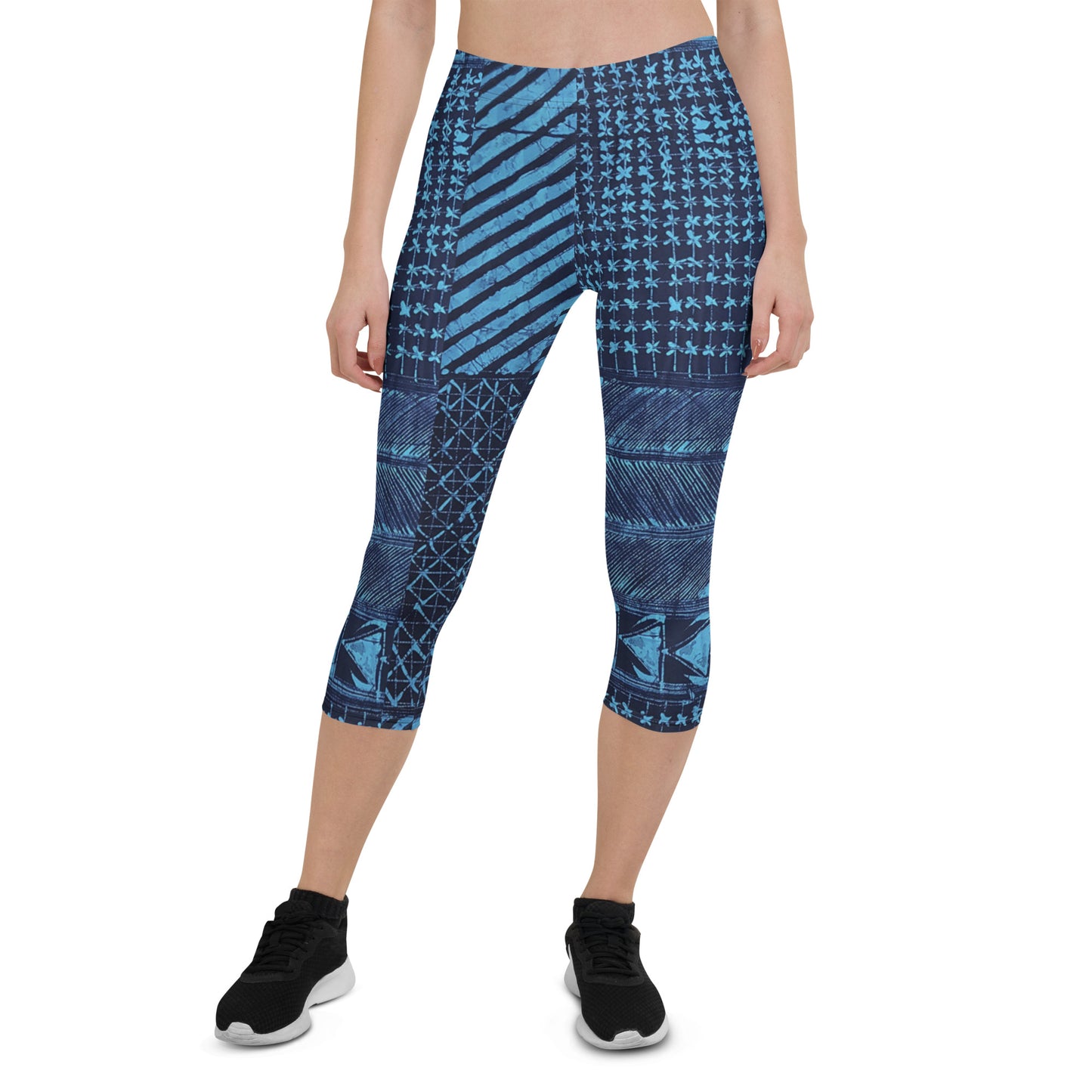 Black And Turquoise Shapes Adire Capri Leggings