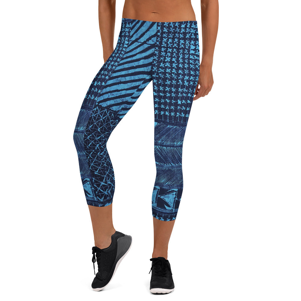 Black And Turquoise Shapes Adire Capri Leggings