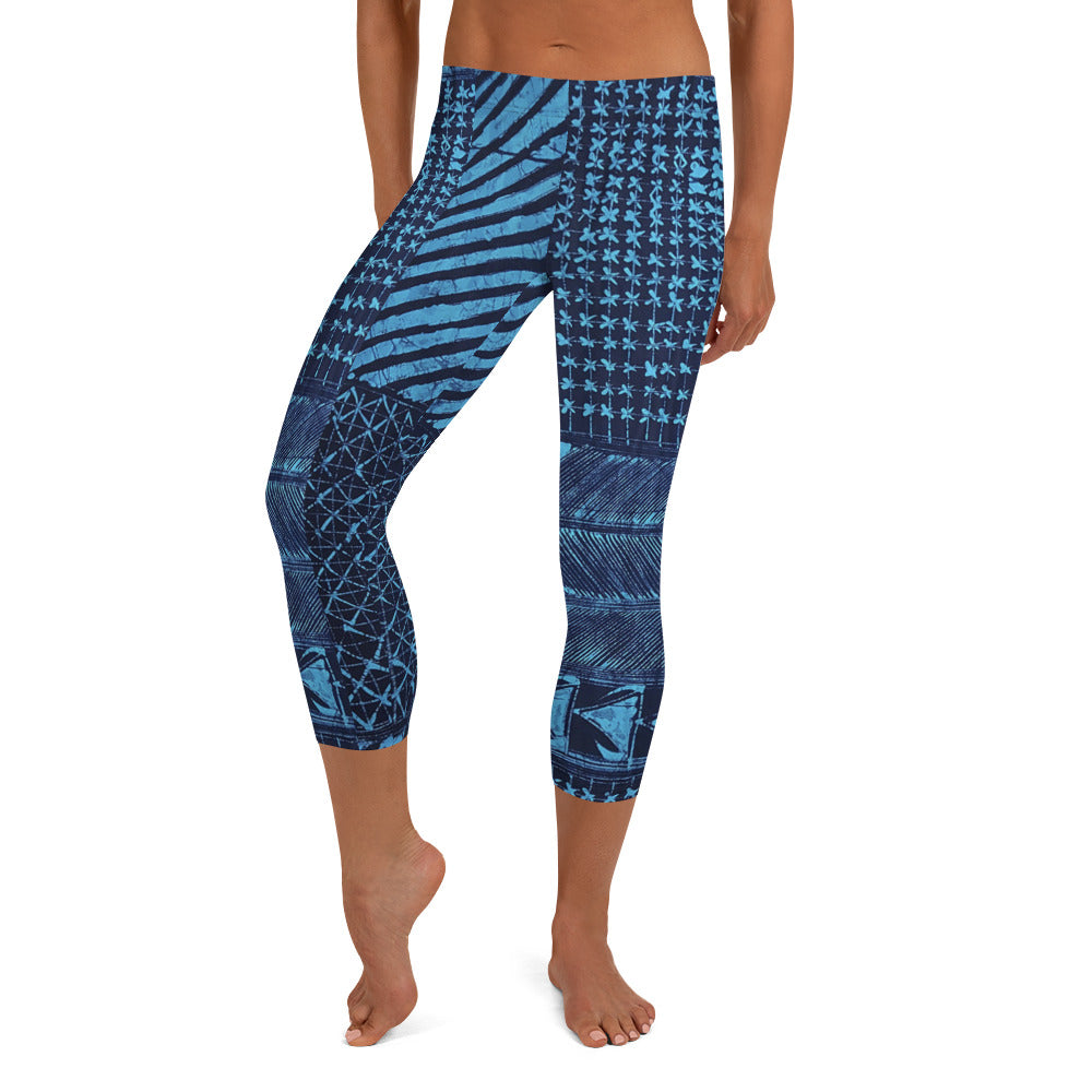 Black And Turquoise Shapes Adire Capri Leggings