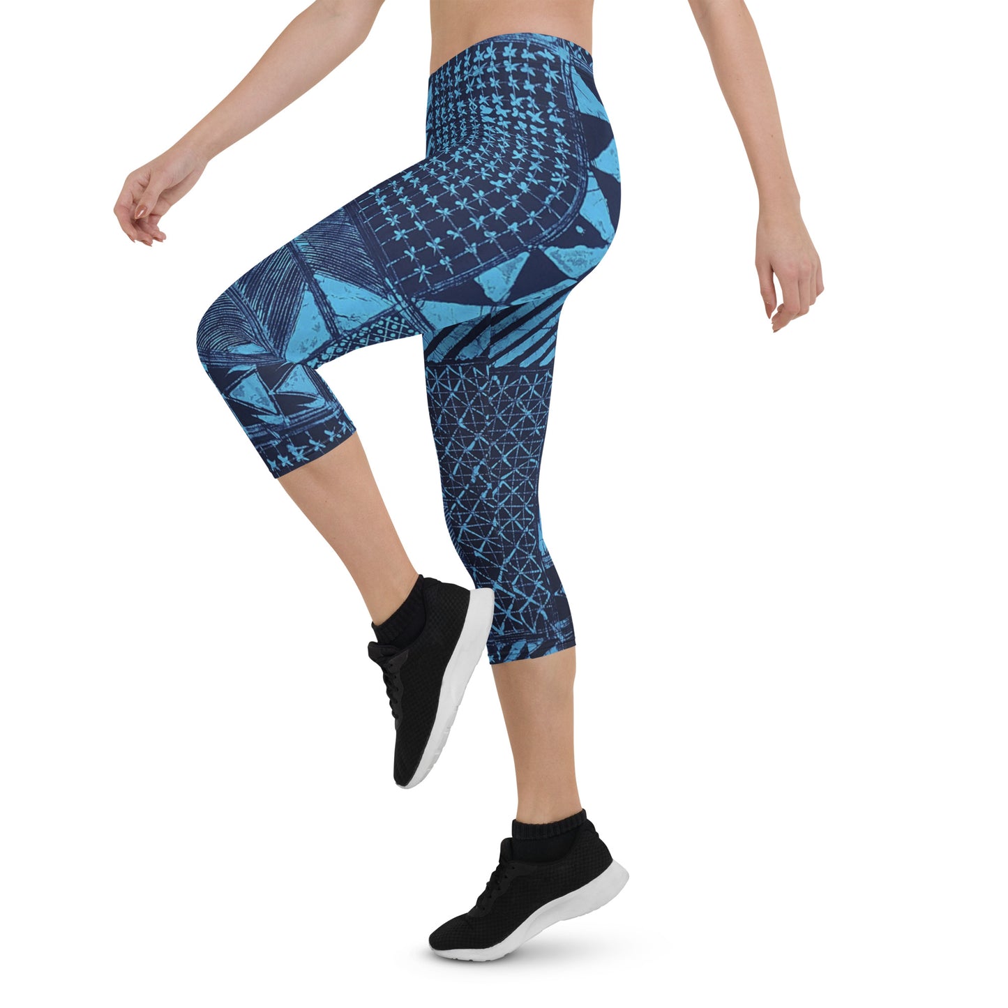 Black And Turquoise Shapes Adire Capri Leggings