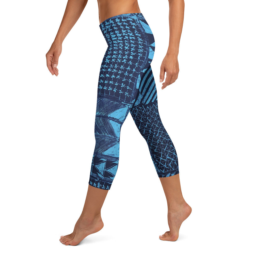 Black And Turquoise Shapes Adire Capri Leggings