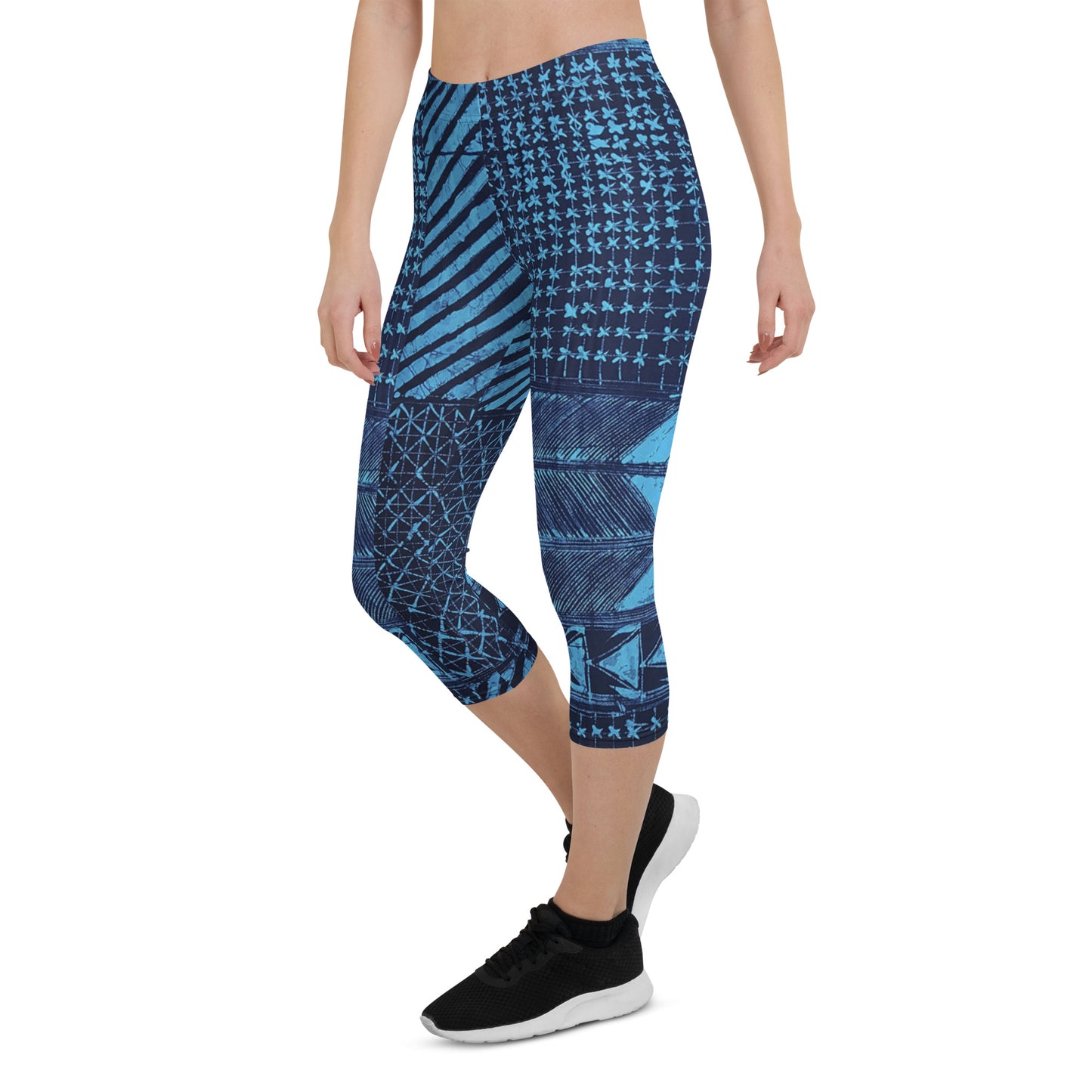 Black And Turquoise Shapes Adire Capri Leggings