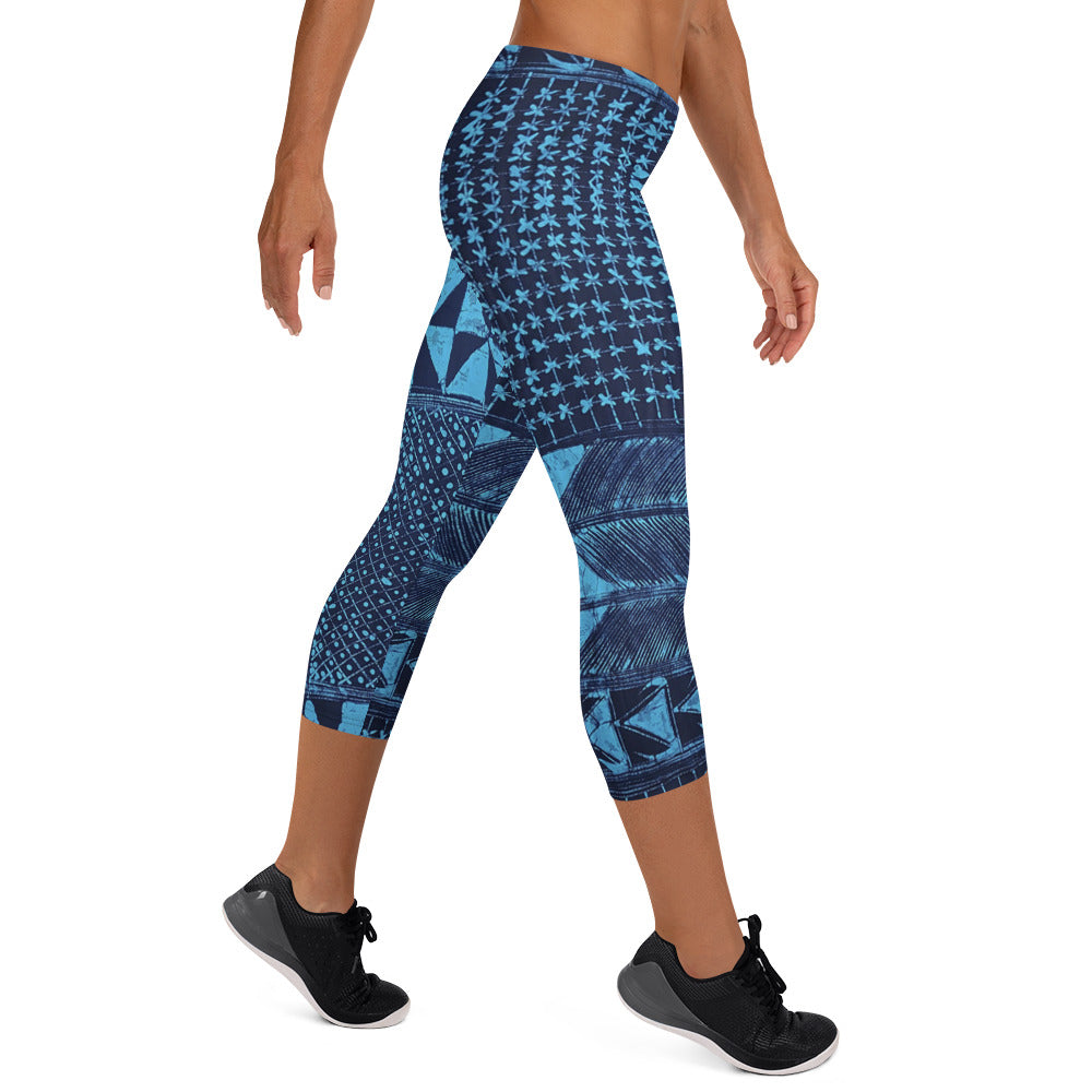 Black And Turquoise Shapes Adire Capri Leggings