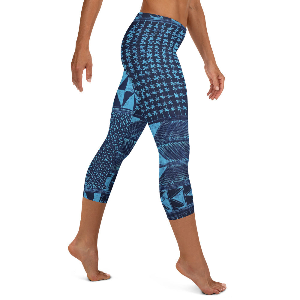 Black And Turquoise Shapes Adire Capri Leggings