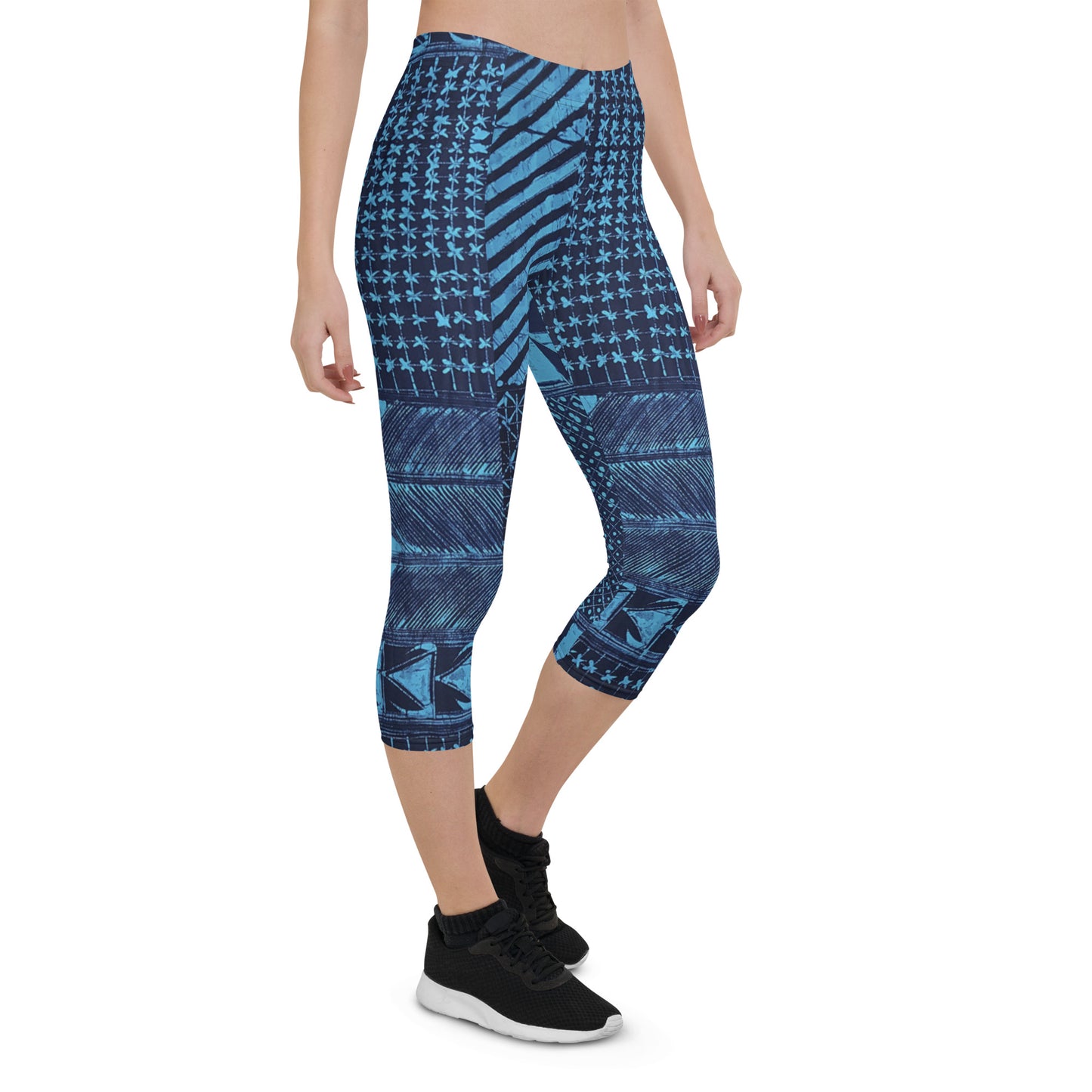 Black And Turquoise Shapes Adire Capri Leggings