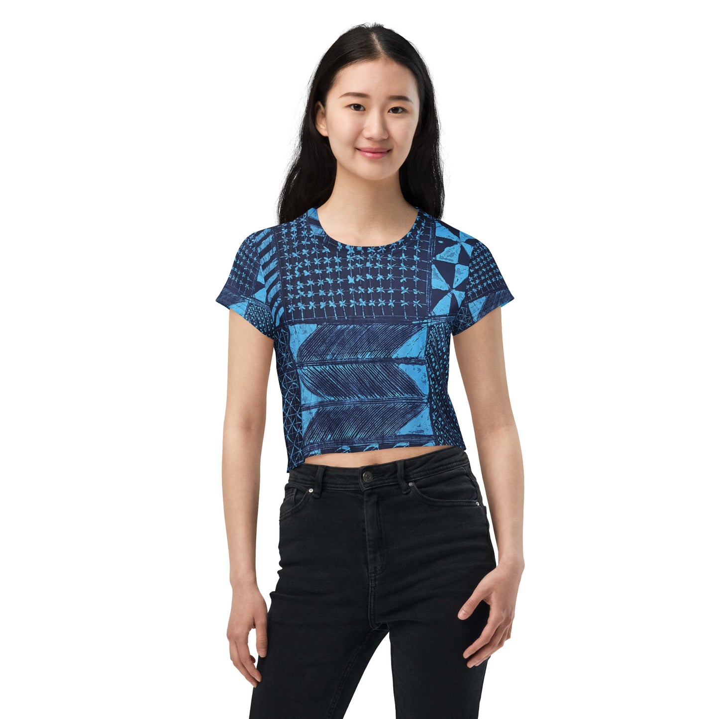 Black And Turquoise Shapes Adire Crop Tee