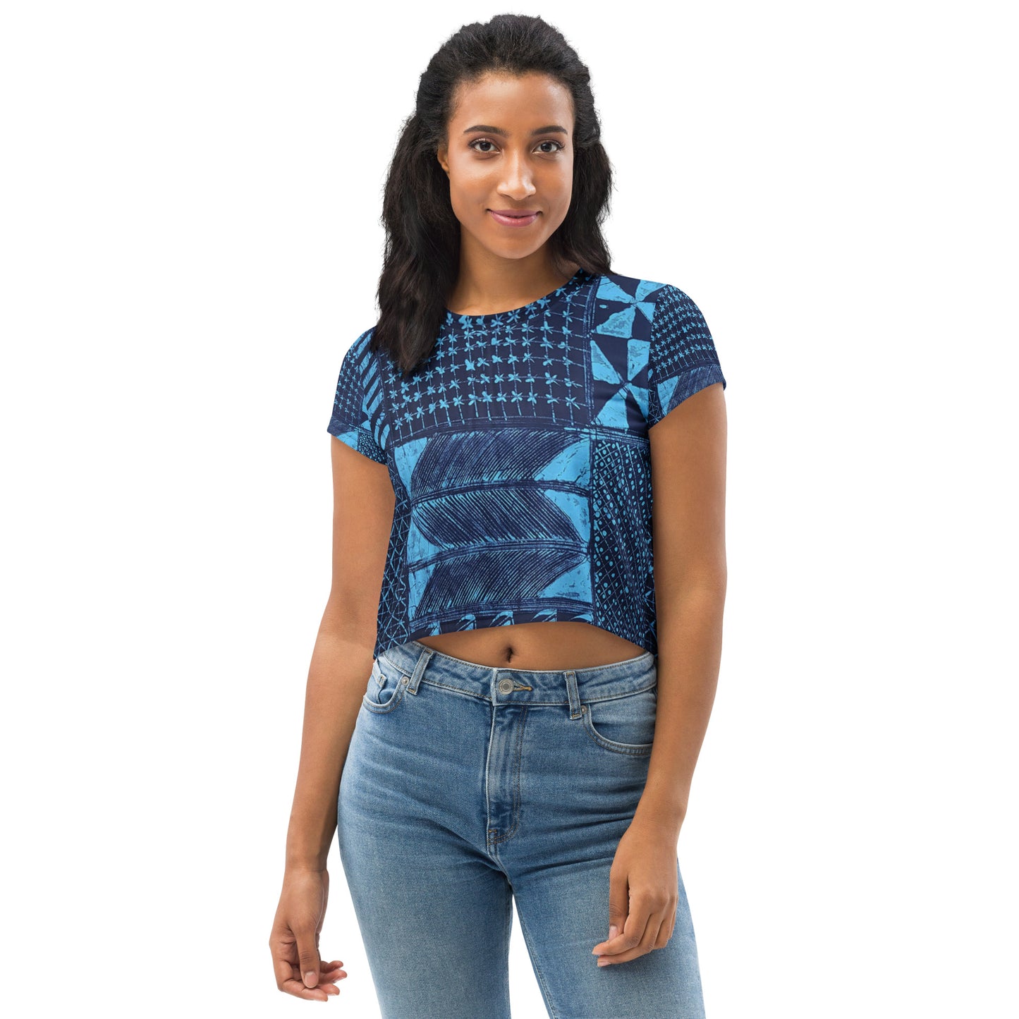 Black And Turquoise Shapes Adire Crop Tee