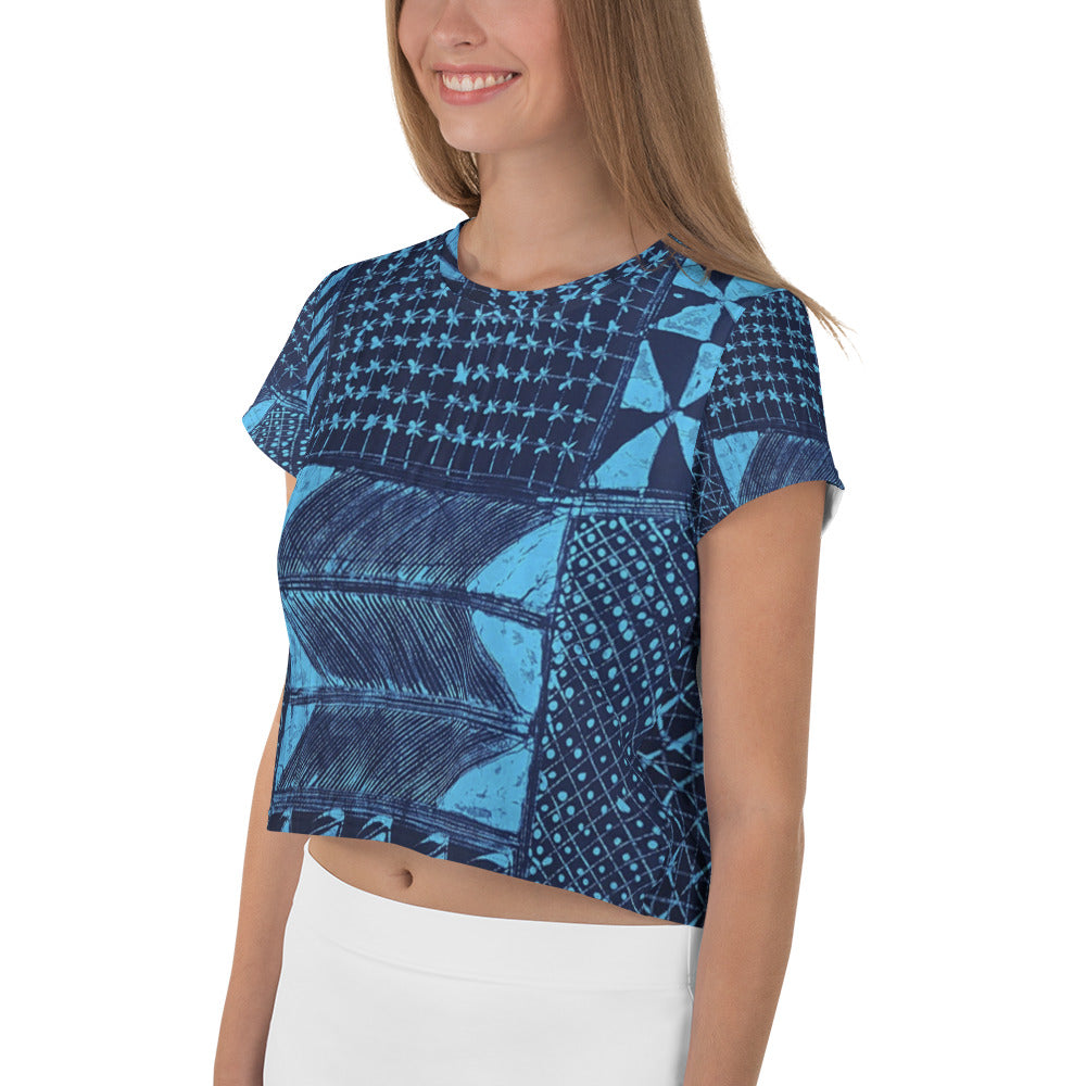 Black And Turquoise Shapes Adire Crop Tee