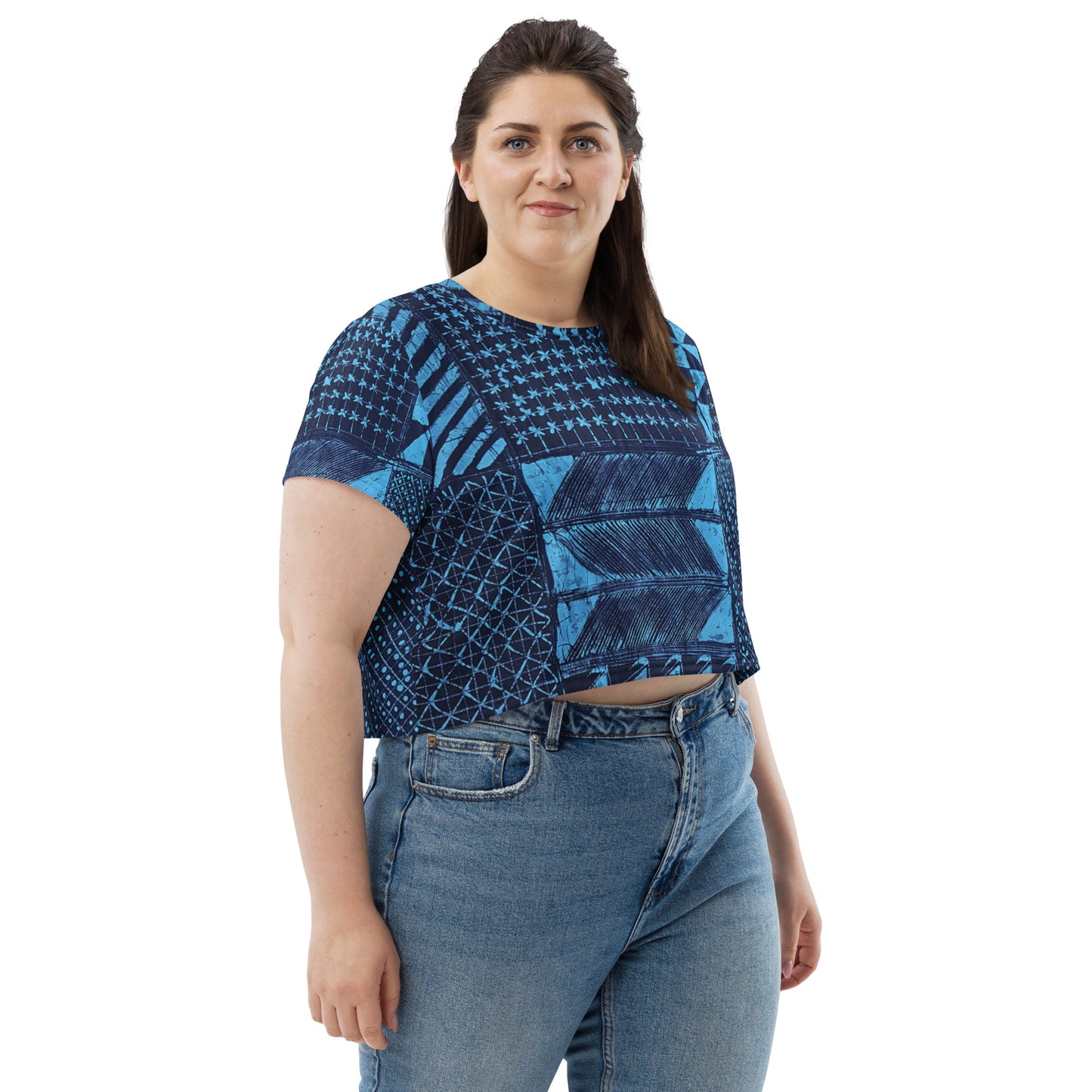 Black And Turquoise Shapes Adire Crop Tee