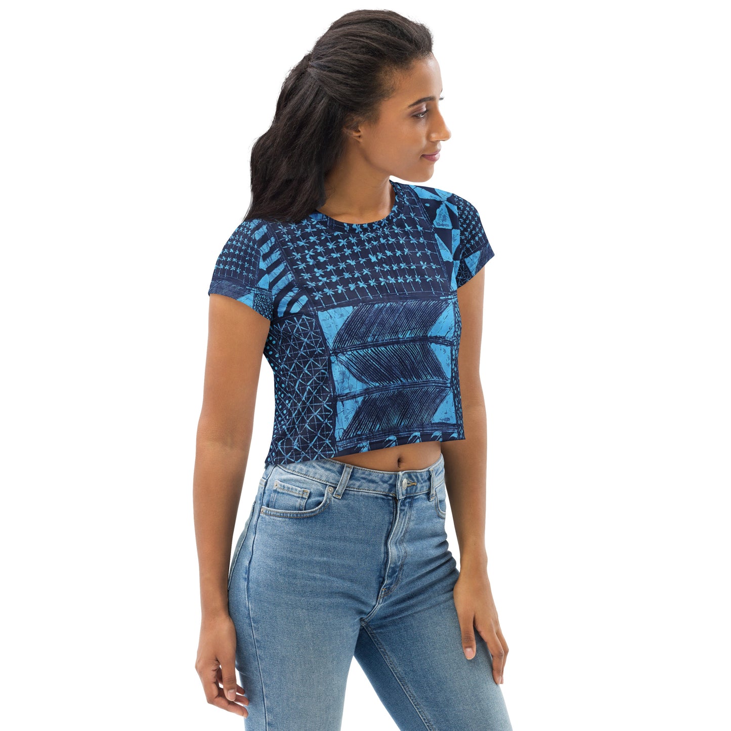 Black And Turquoise Shapes Adire Crop Tee