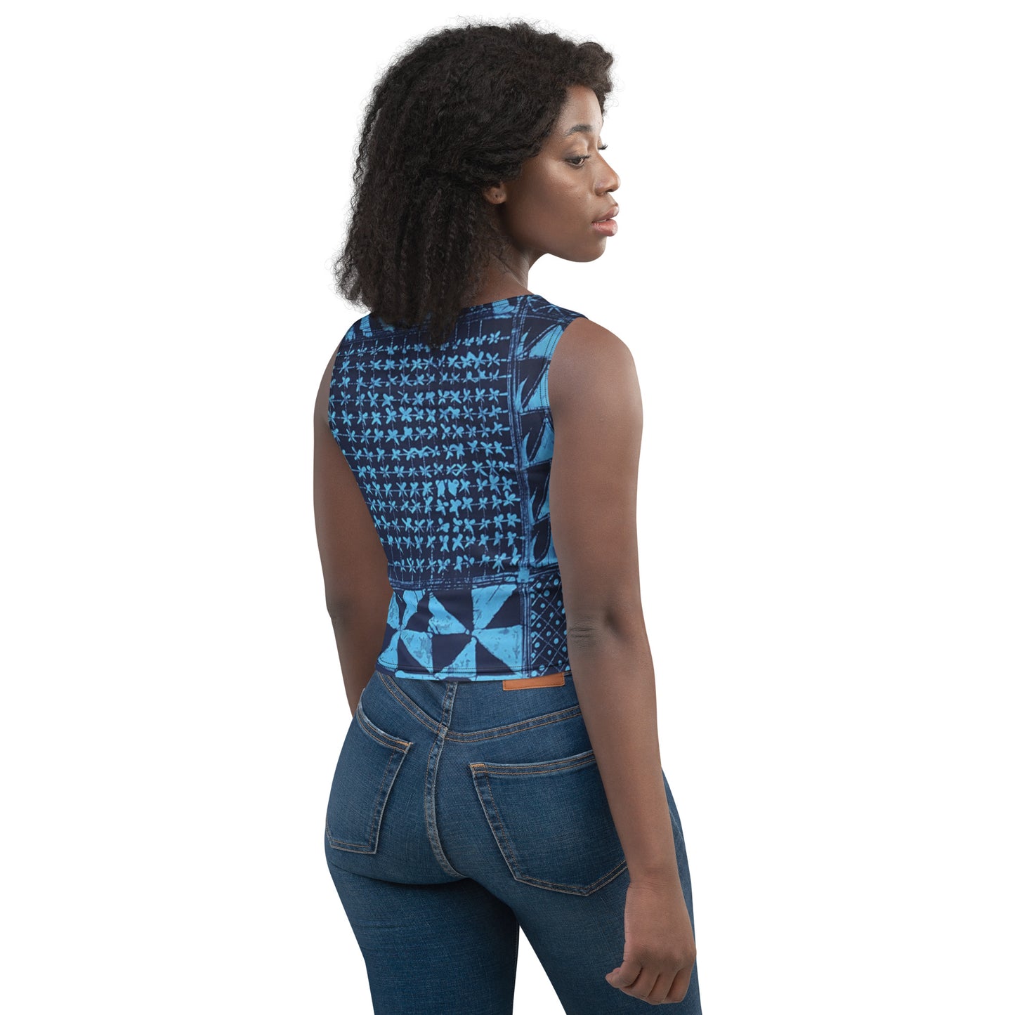 Black And Turquoise Shapes Adire Crop Top