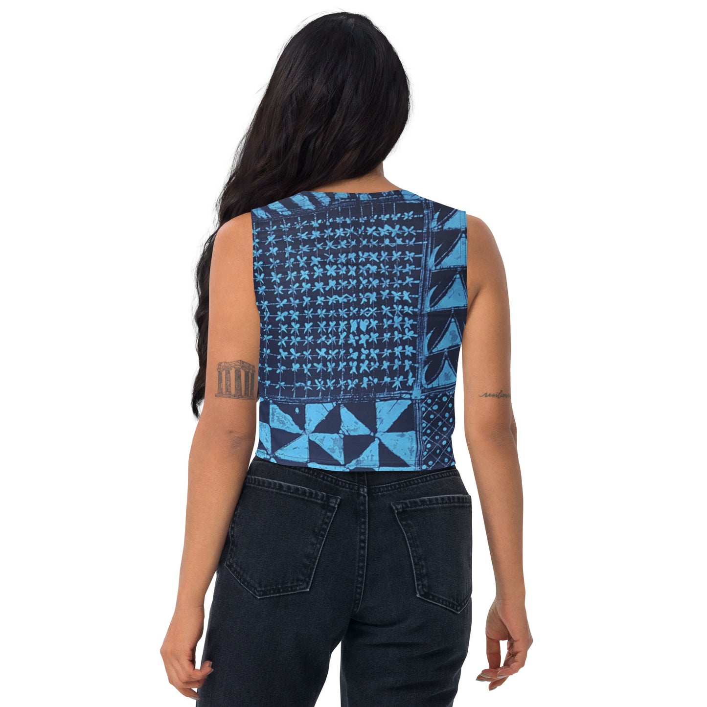 Black And Turquoise Shapes Adire Crop Top