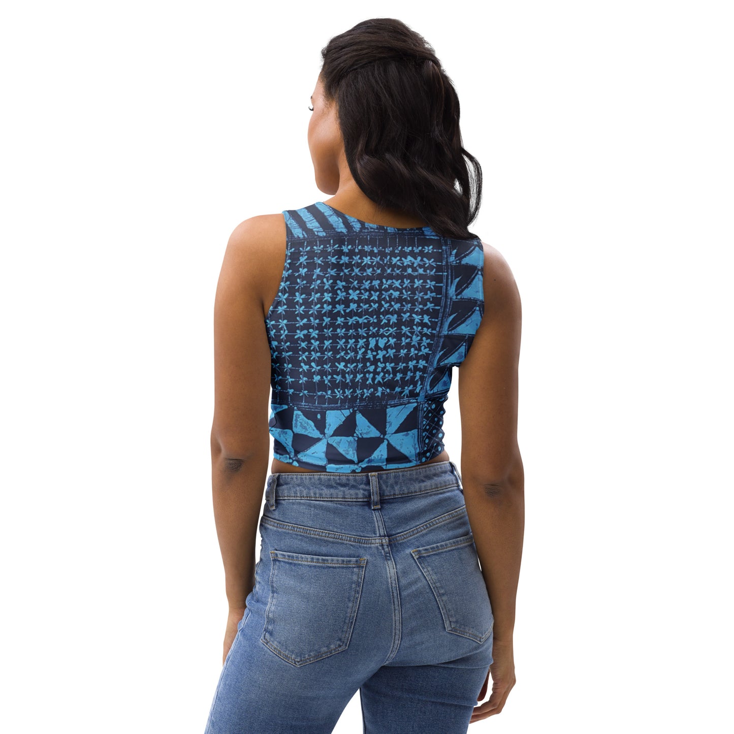 Black And Turquoise Shapes Adire Crop Top