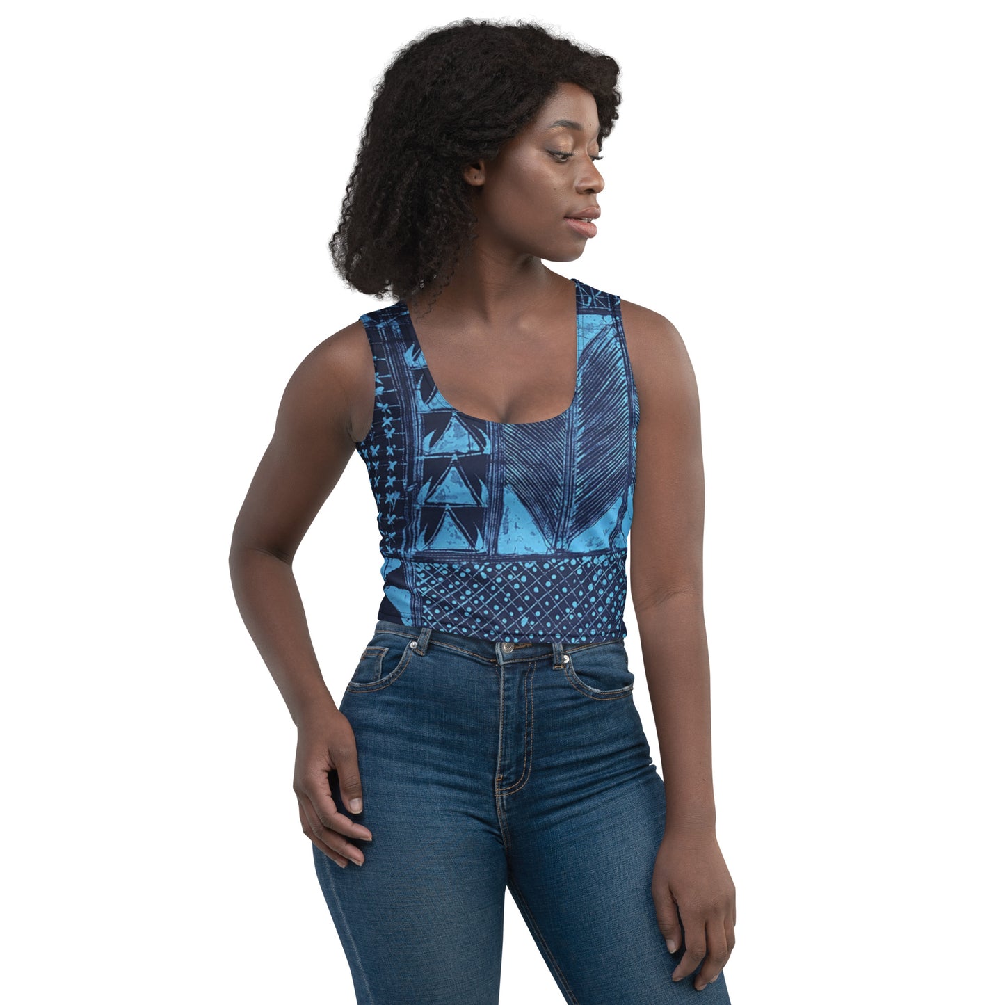 Black And Turquoise Shapes Adire Crop Top