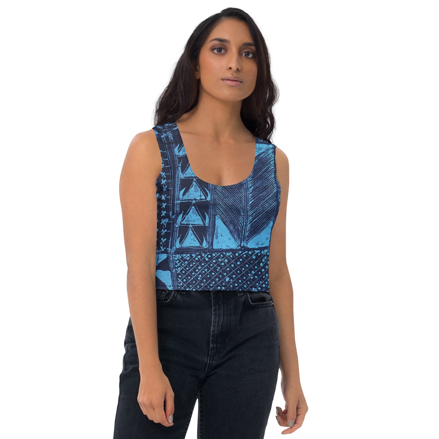 Black And Turquoise Shapes Adire Crop Top