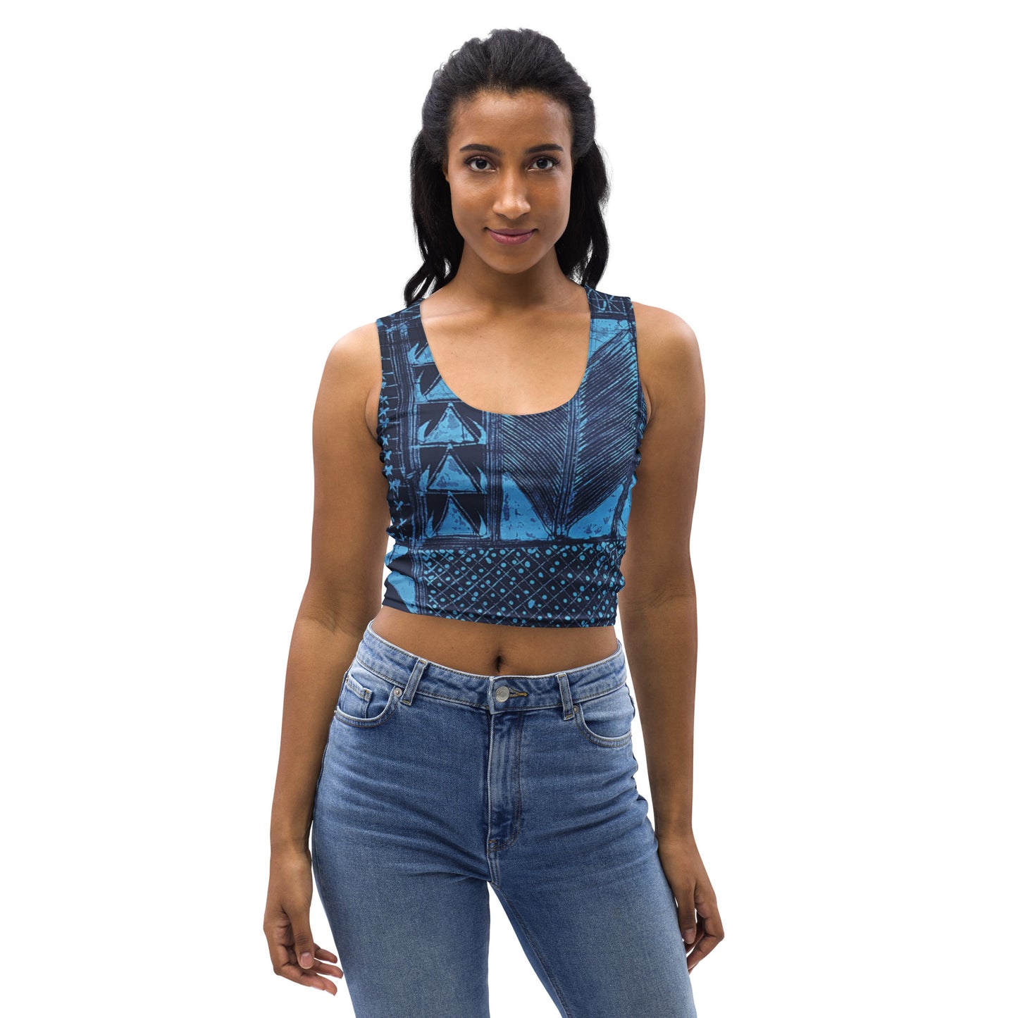 Black And Turquoise Shapes Adire Crop Top