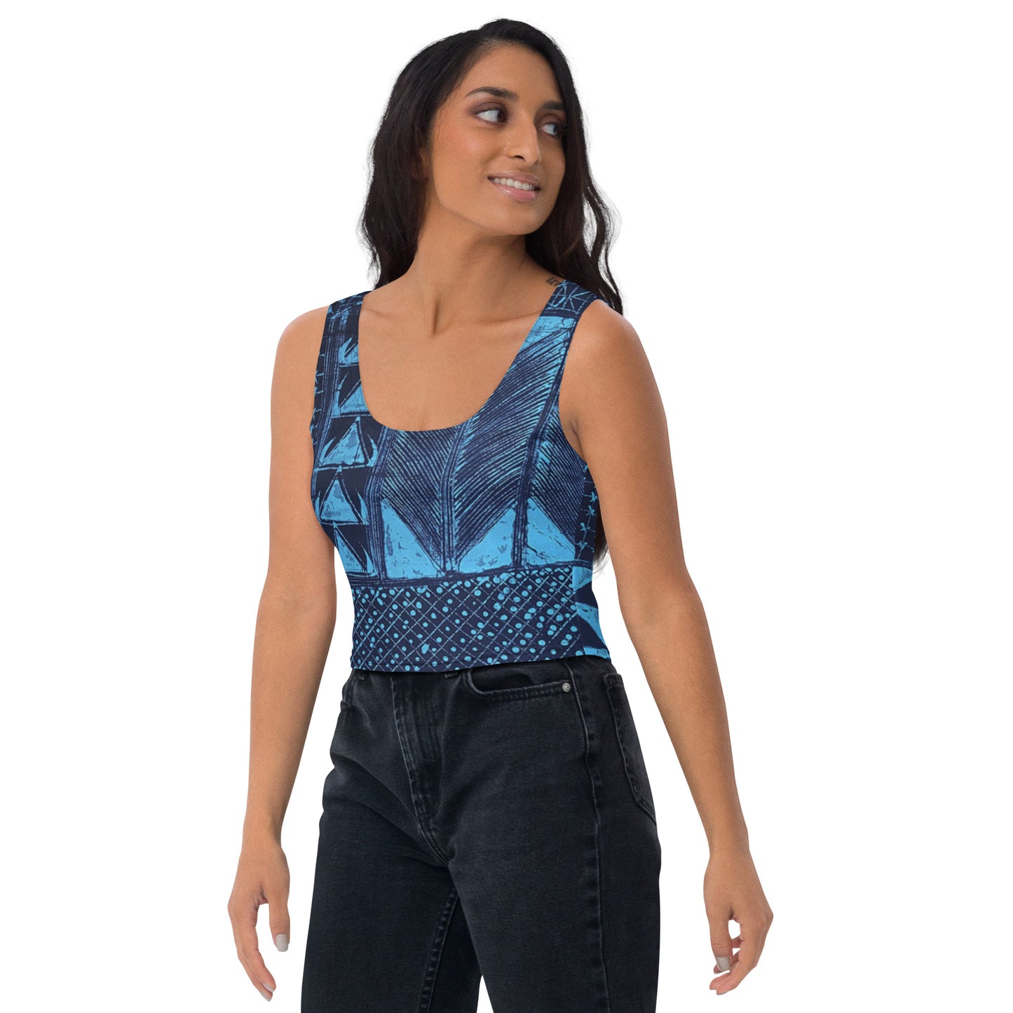 Black And Turquoise Shapes Adire Crop Top