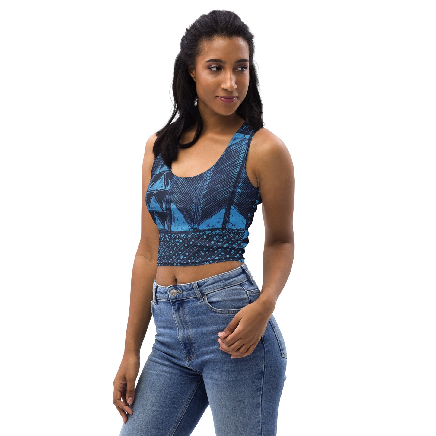 Black And Turquoise Shapes Adire Crop Top