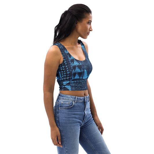 Black And Turquoise Shapes Adire Crop Top