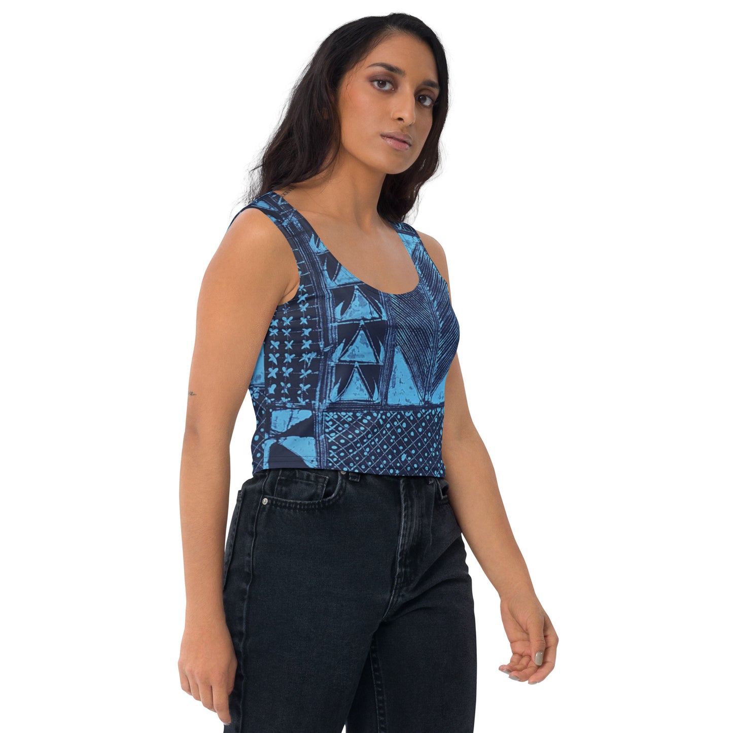 Black And Turquoise Shapes Adire Crop Top