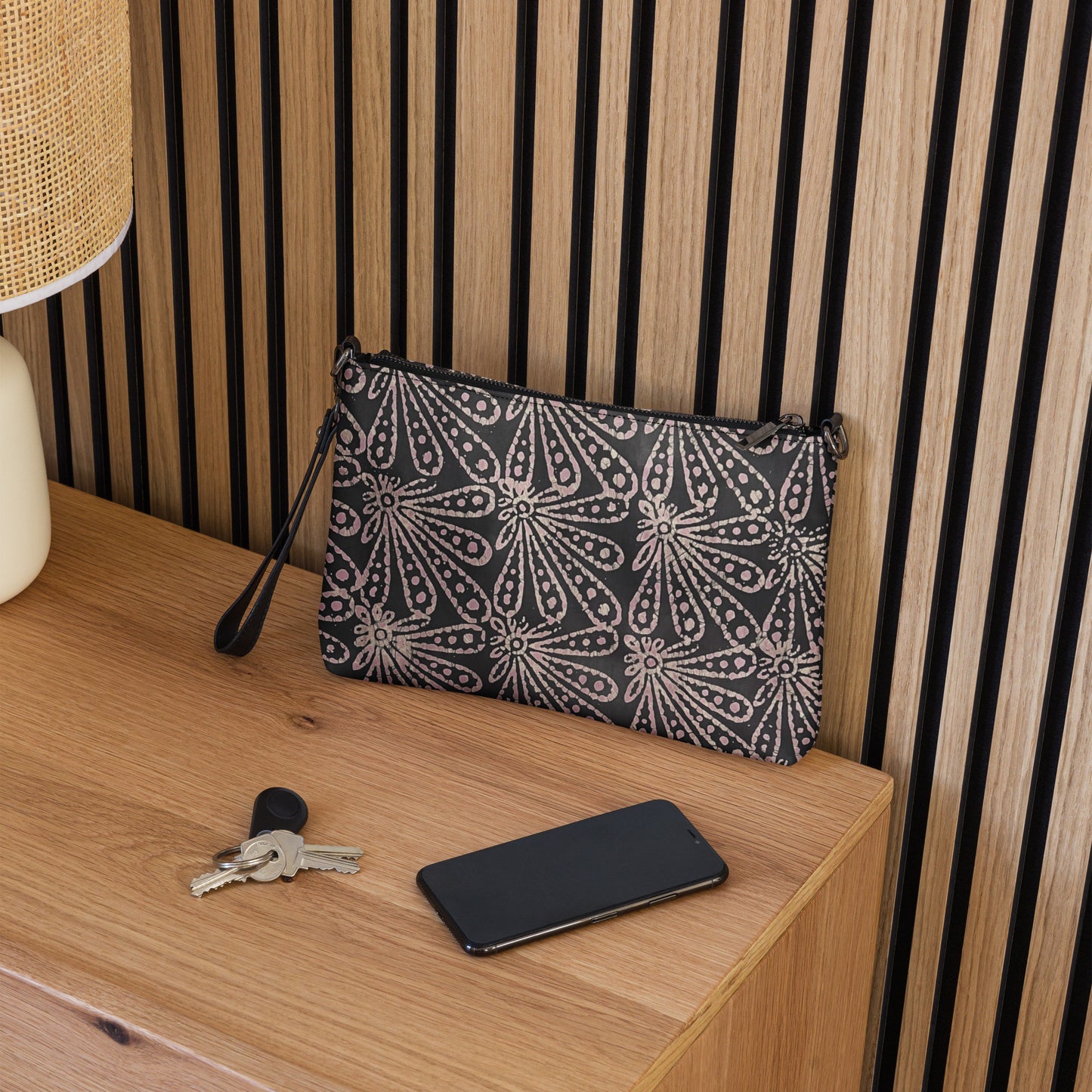 Brown Pale Pink Floral Pattern Adire Crossbody Bag