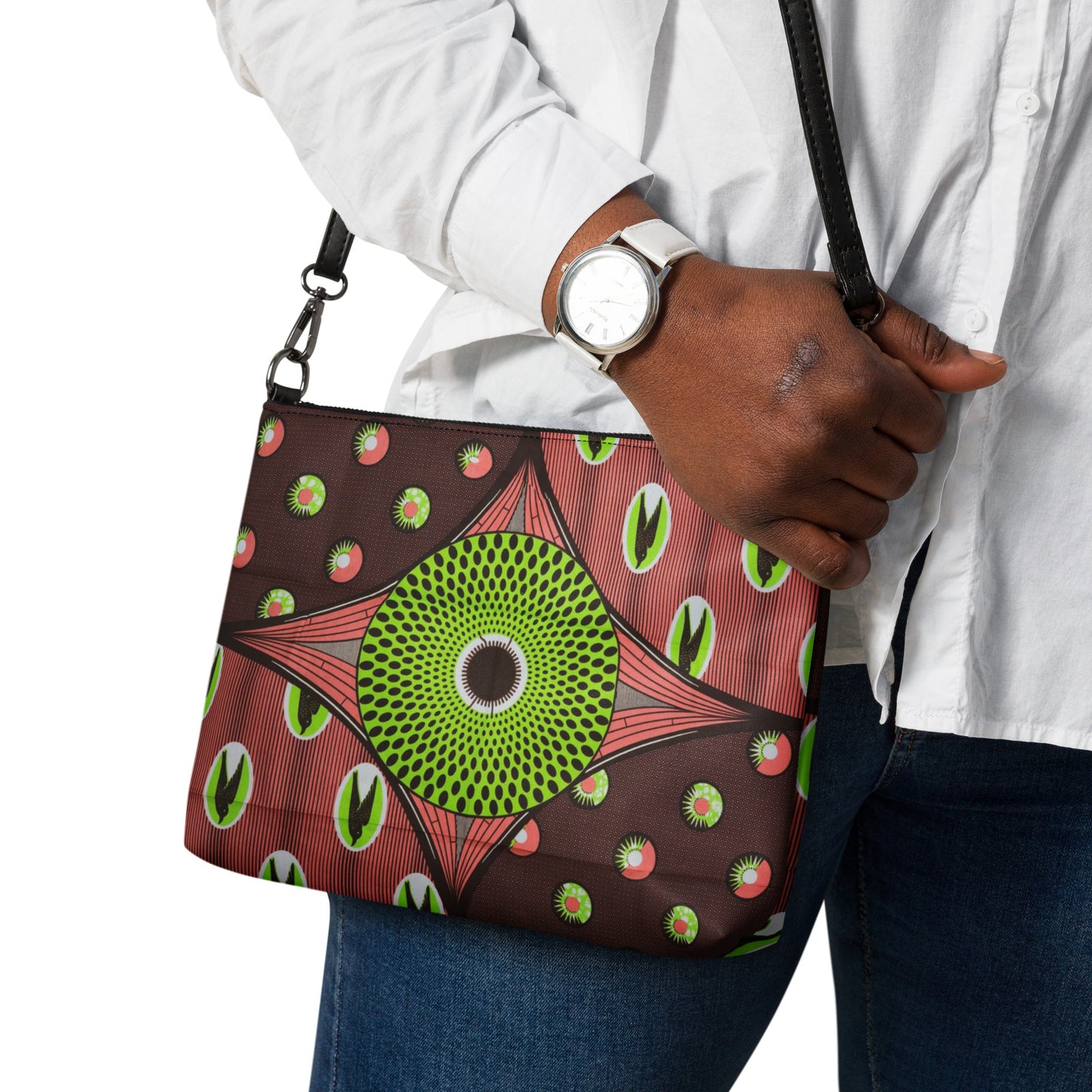 Green On Peach Brown Ankara Crossbody Bag