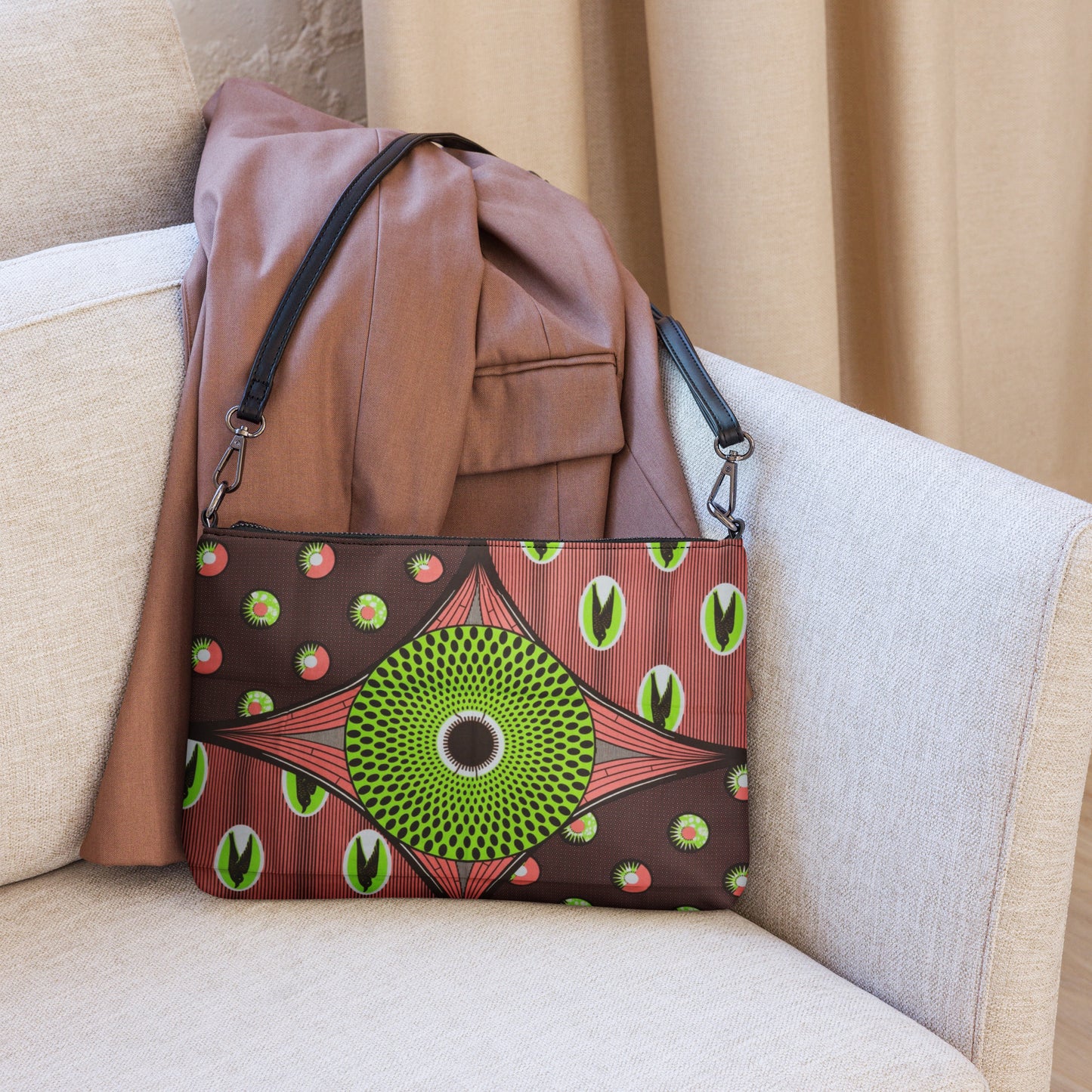 Green On Peach Brown Ankara Crossbody Bag