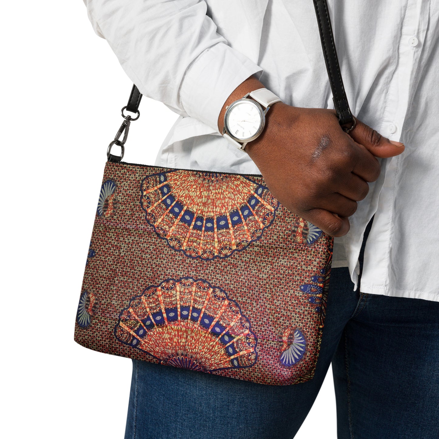 Navy On Peach Shells Ankara Crossbody Bag