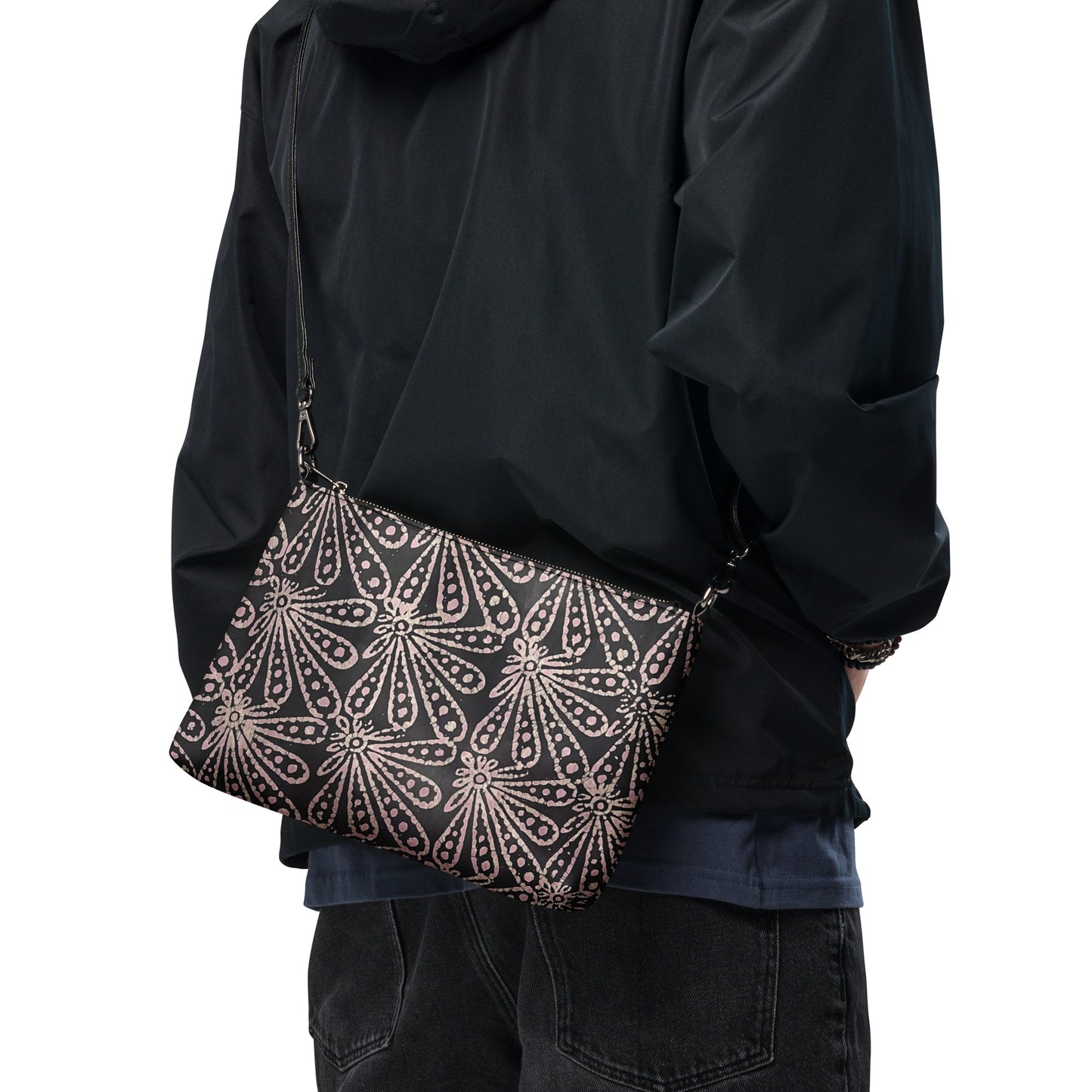 Brown Pale Pink Floral Pattern Adire Crossbody Bag
