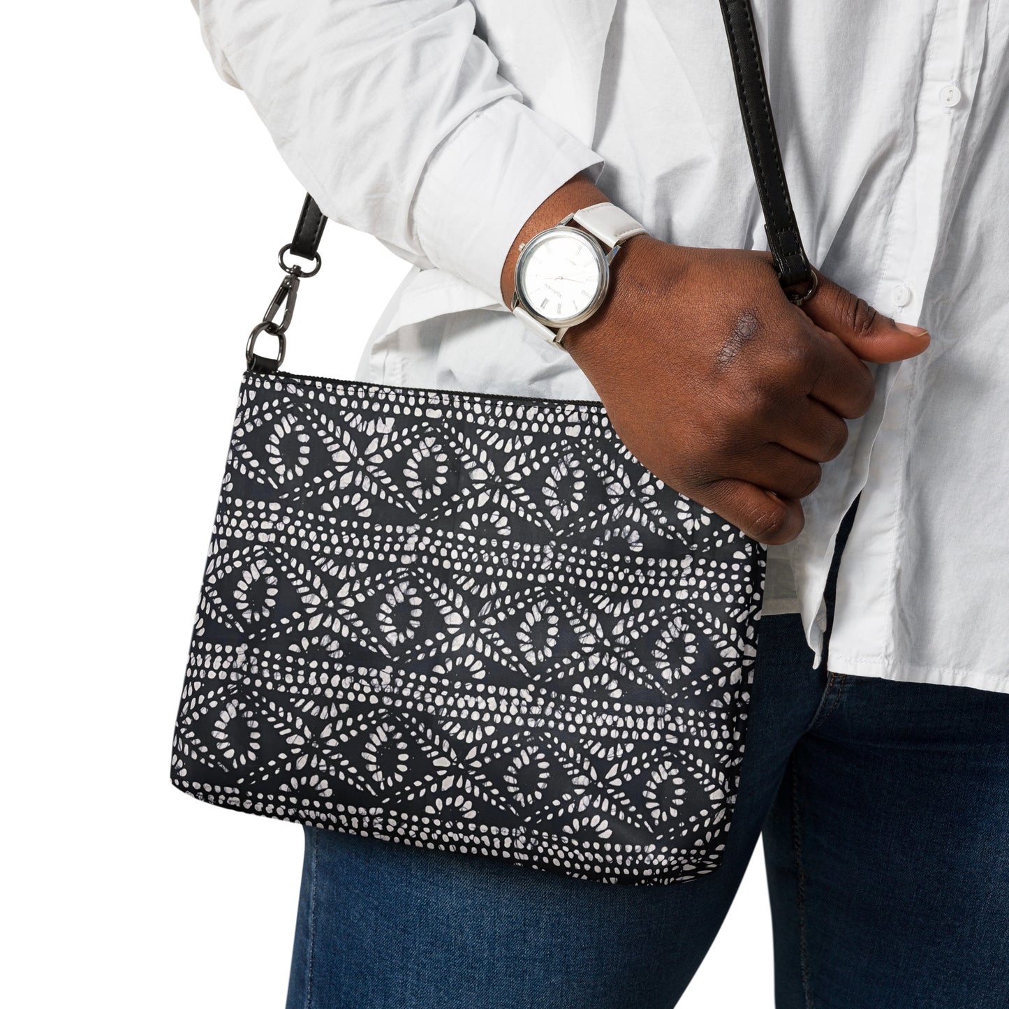 Black And White Nigerian Abstract Aztec Print Adire Crossbody Bag