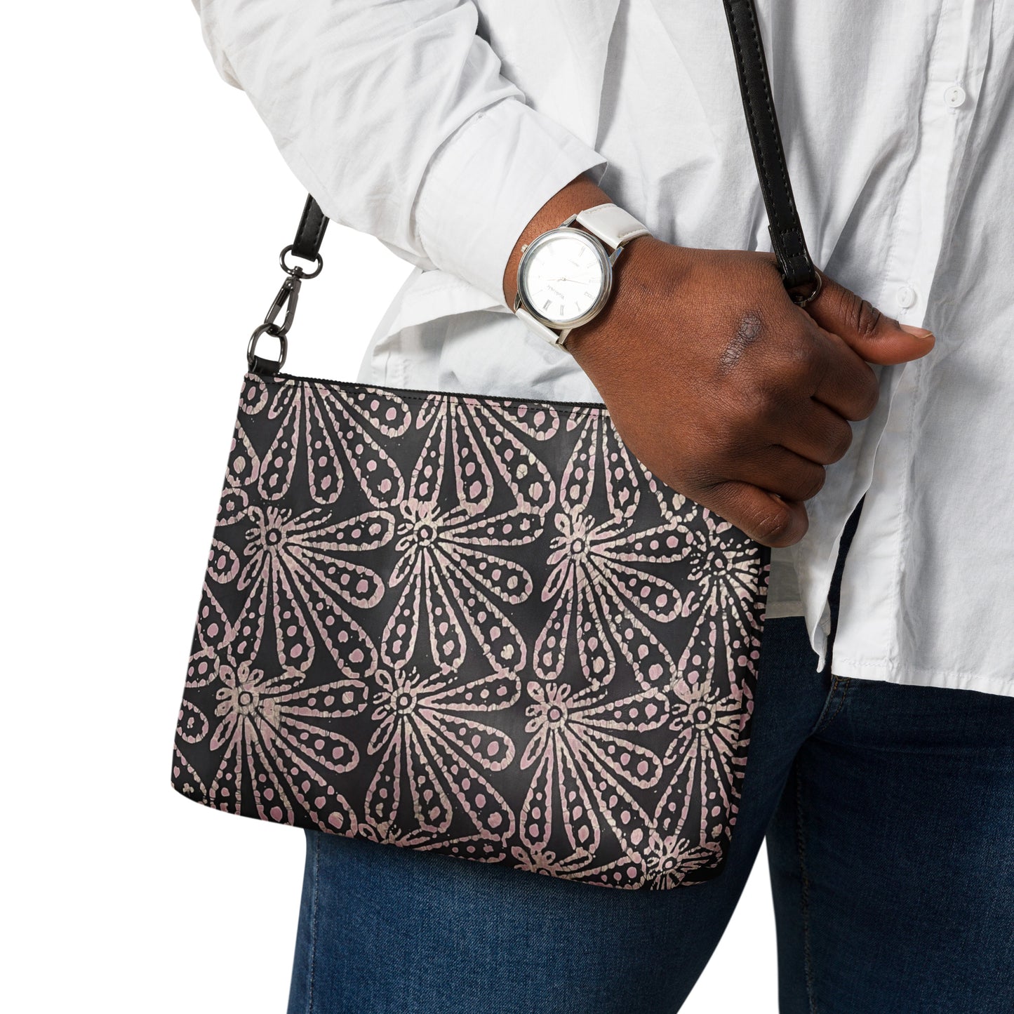 Brown Pale Pink Floral Pattern Adire Crossbody Bag