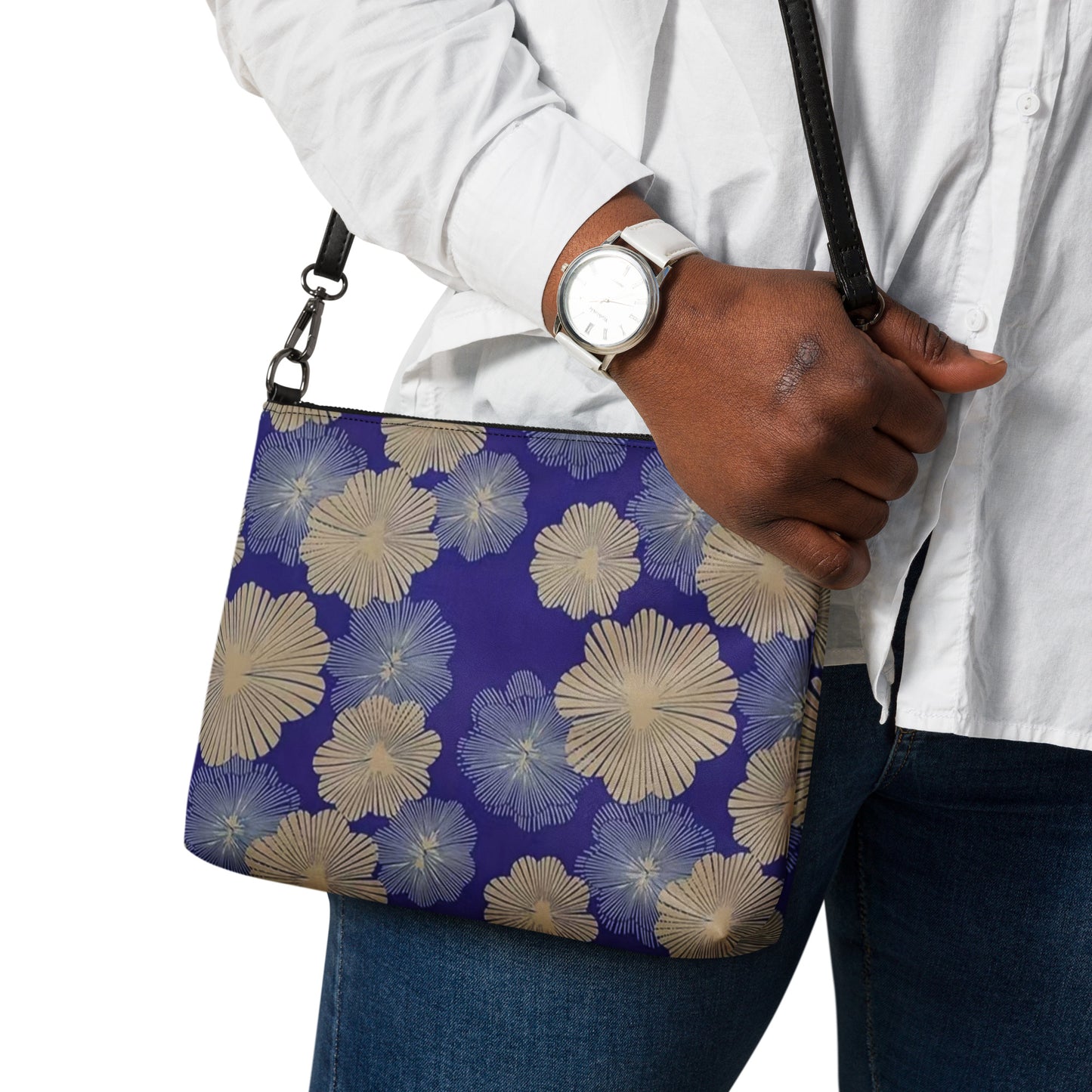 Cream Blue Floral Ankara Crossbody Bag