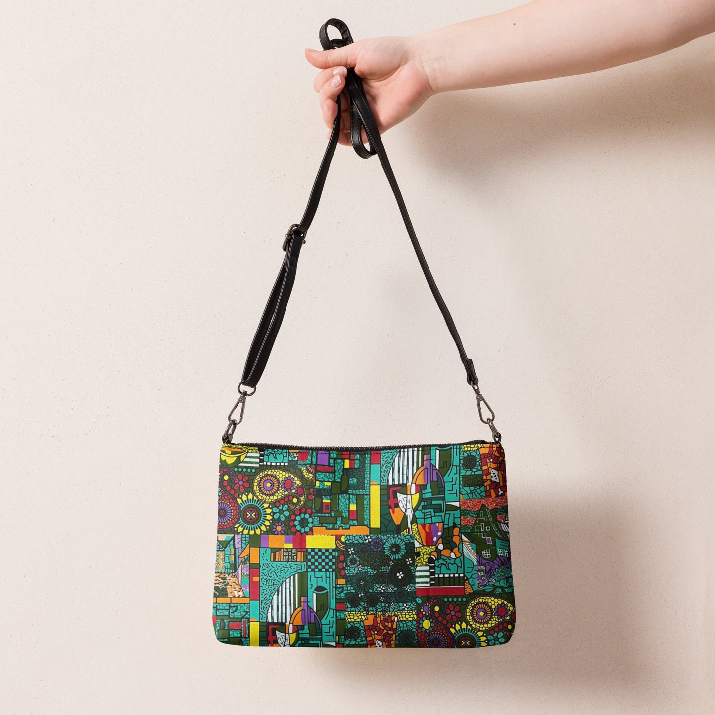 Colourful Green Plants Floral Vase Wine Glass Print Ankara Crossbody Bag